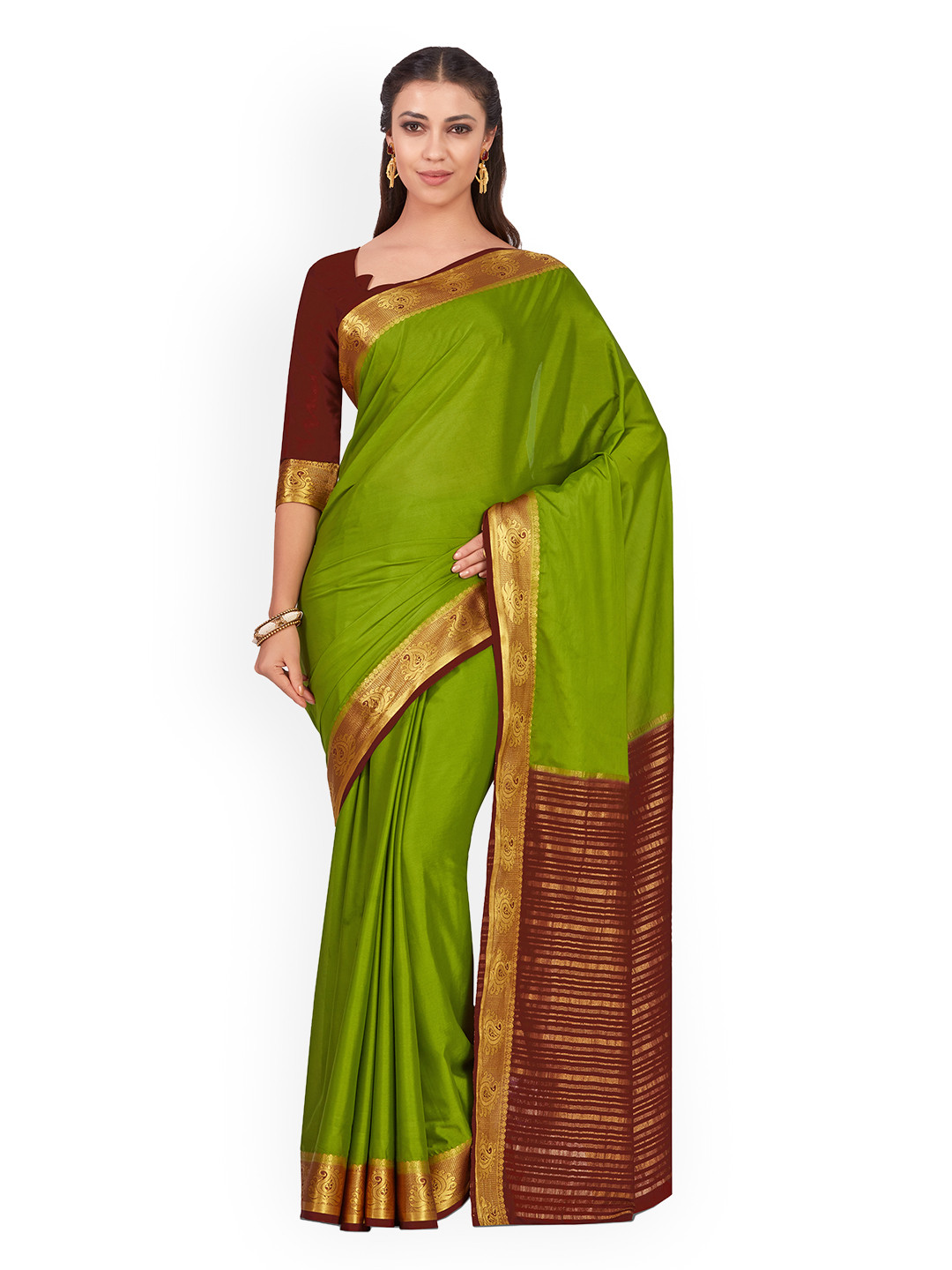 

MIMOSA Green & Maroon Poly Chiffon Solid Kanjeevaram Saree