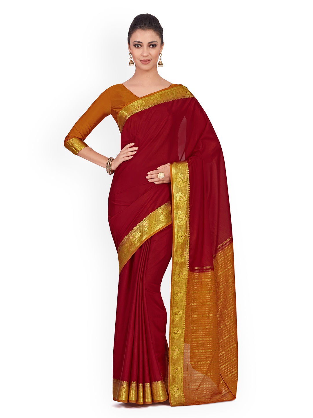 

MIMOSA Maroon & Mustard Poly Chiffon Solid Kanjeevaram Saree