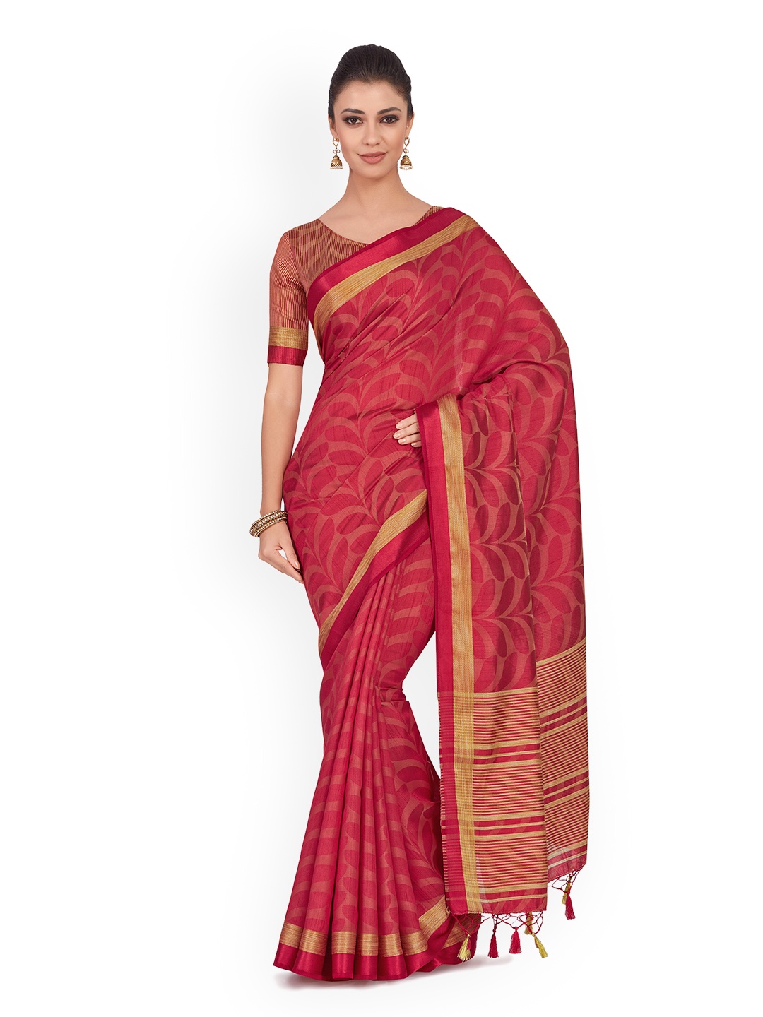

MIMOSA Red & Gold-Toned Poly Chiffon Woven Design Kanjeevaram Saree