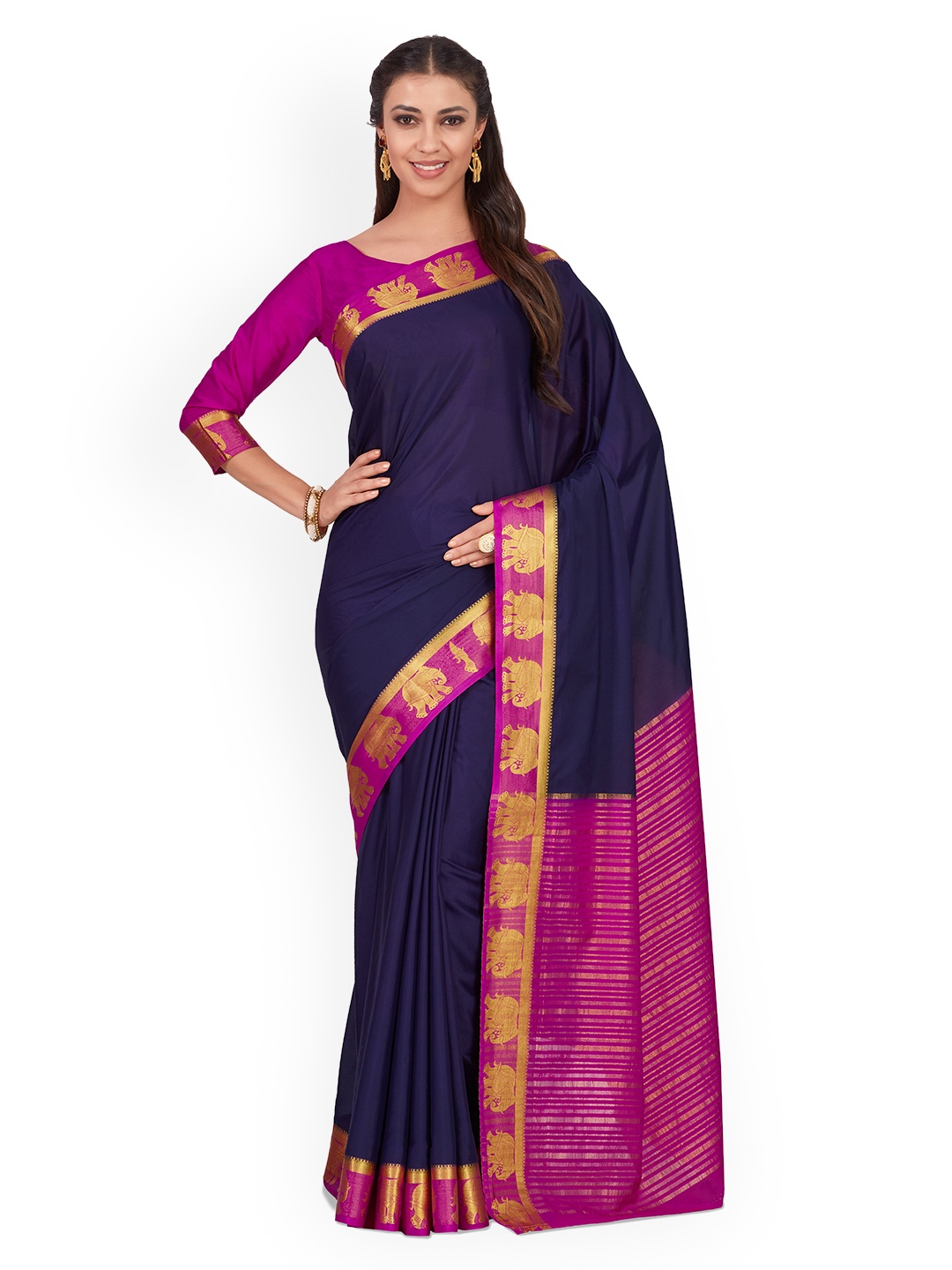 

MIMOSA Navy Blue & Magenta Poly Chiffon Solid Kanjeevaram Saree