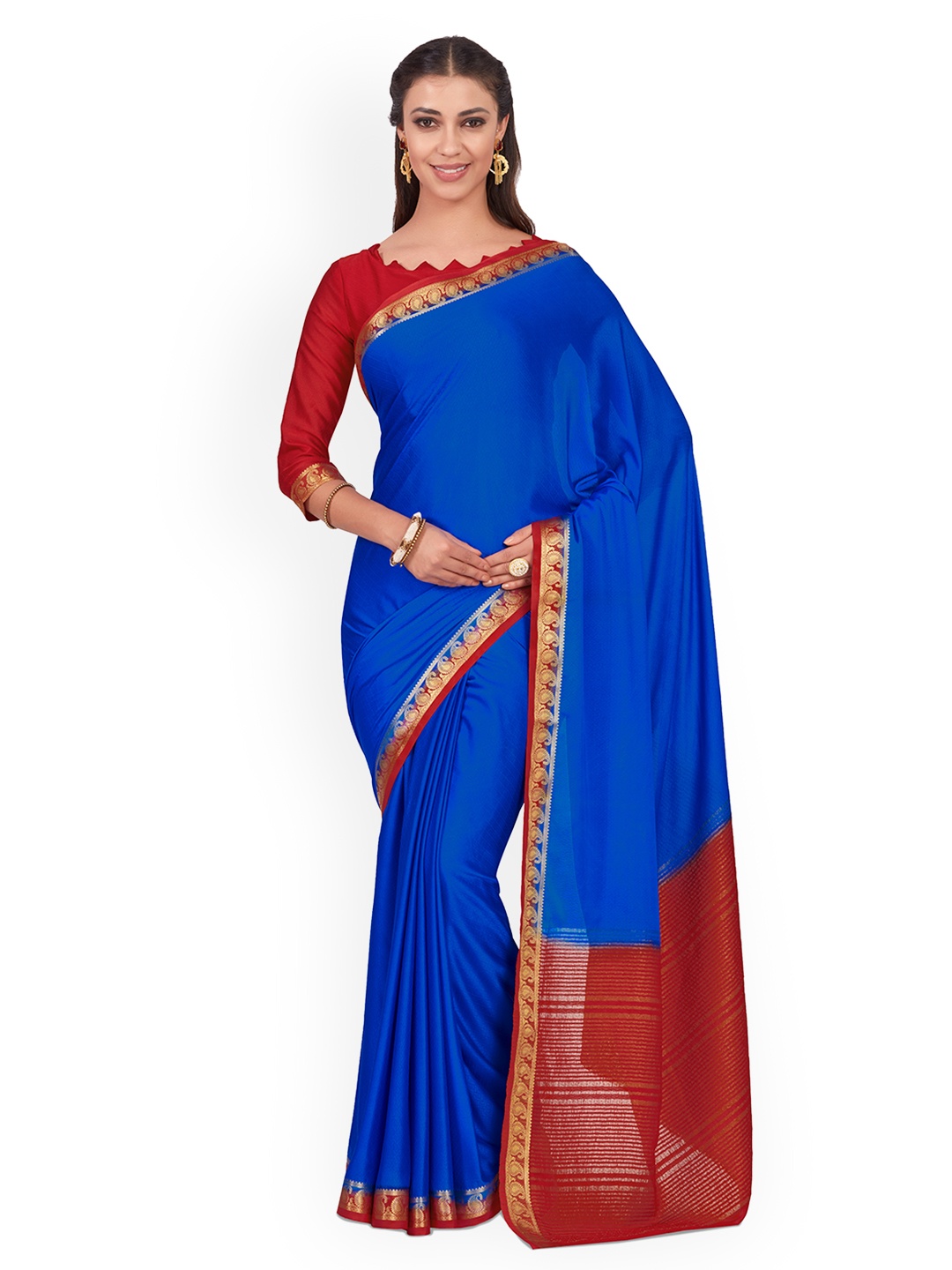 

MIMOSA Blue & Maroon Poly Chiffon Solid Kanjeevaram Saree