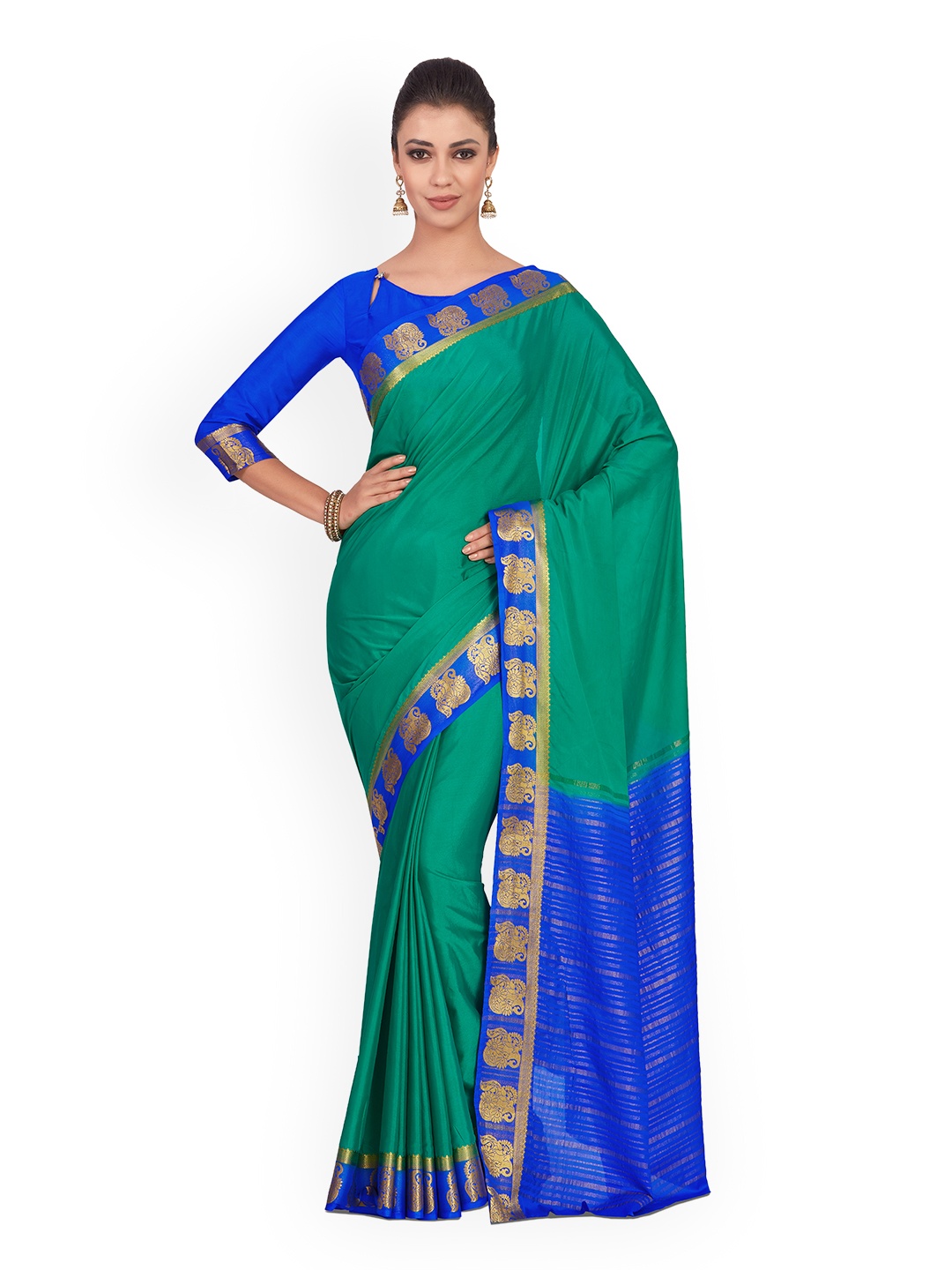

MIMOSA Sea Green & Blue Poly Chiffon Solid Kanjeevaram Saree
