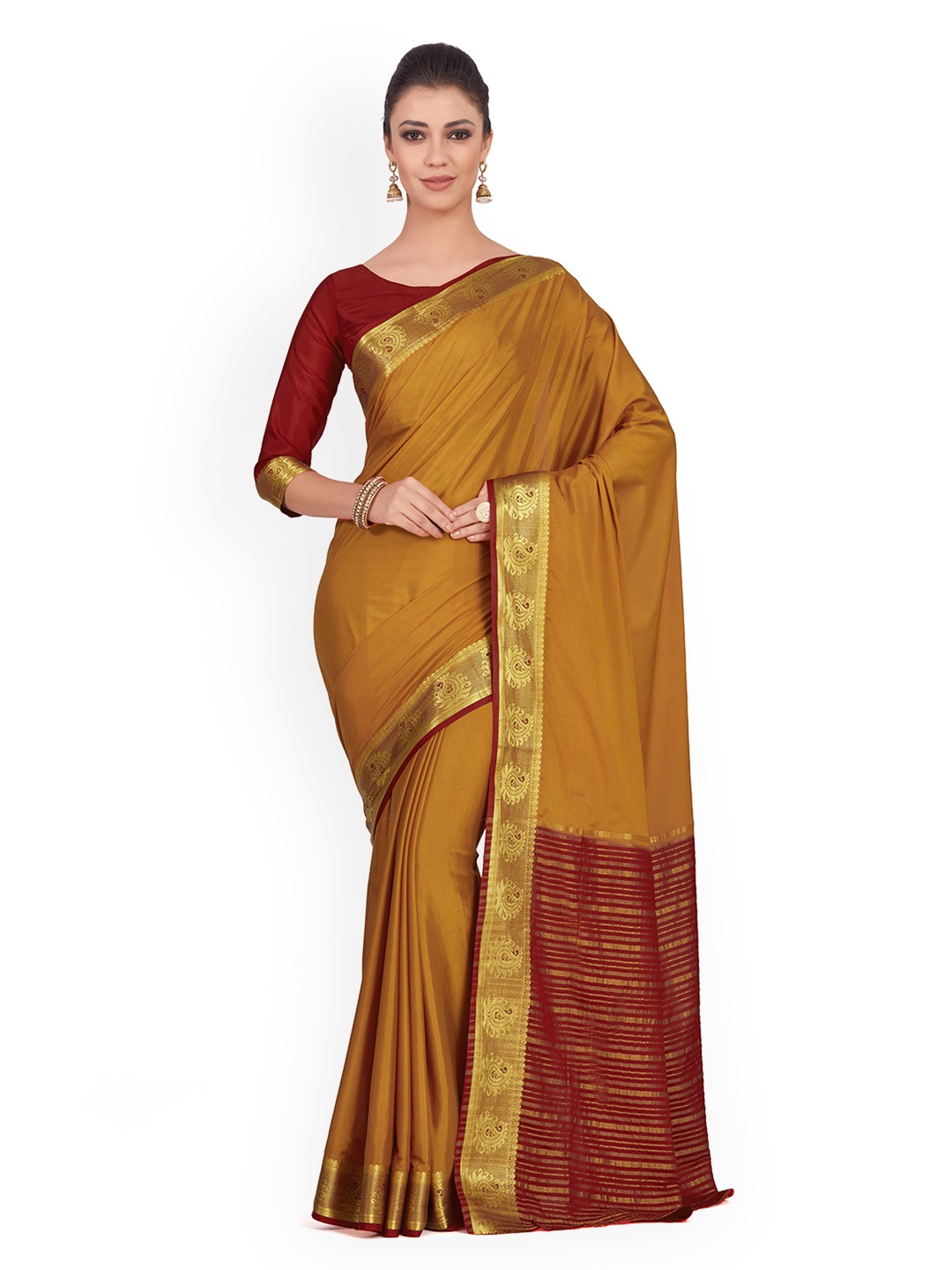 

MIMOSA Tan Brown & Red Poly Chiffon Solid Kanjeevaram Saree