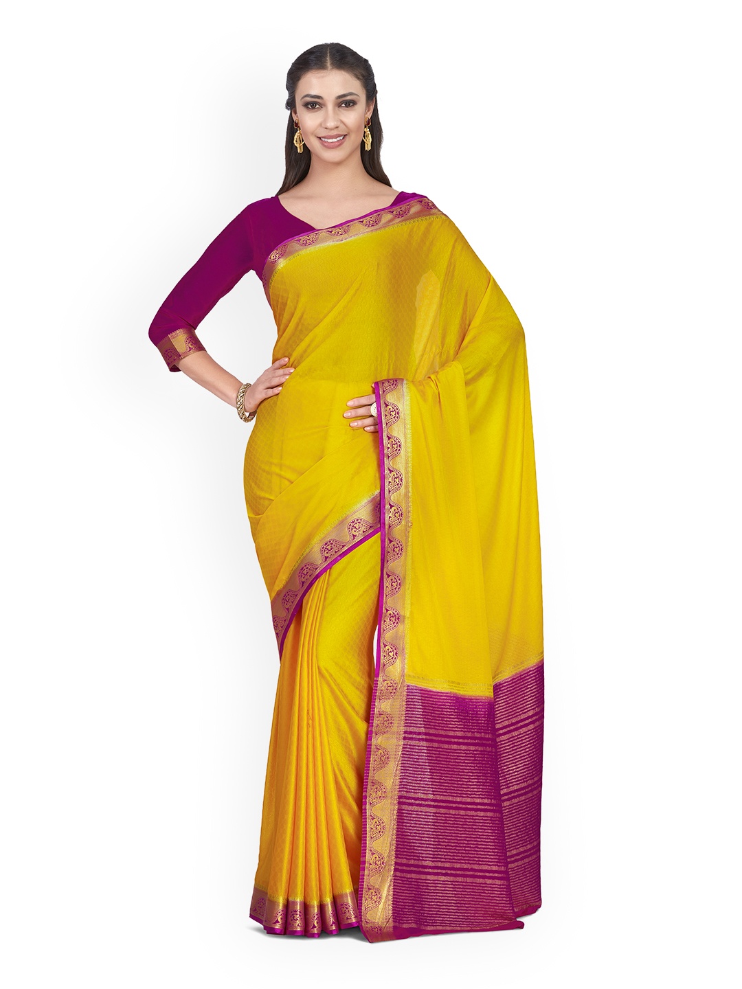 

MIMOSA Yellow & Purple Poly Chiffon Solid Kanjeevaram Saree