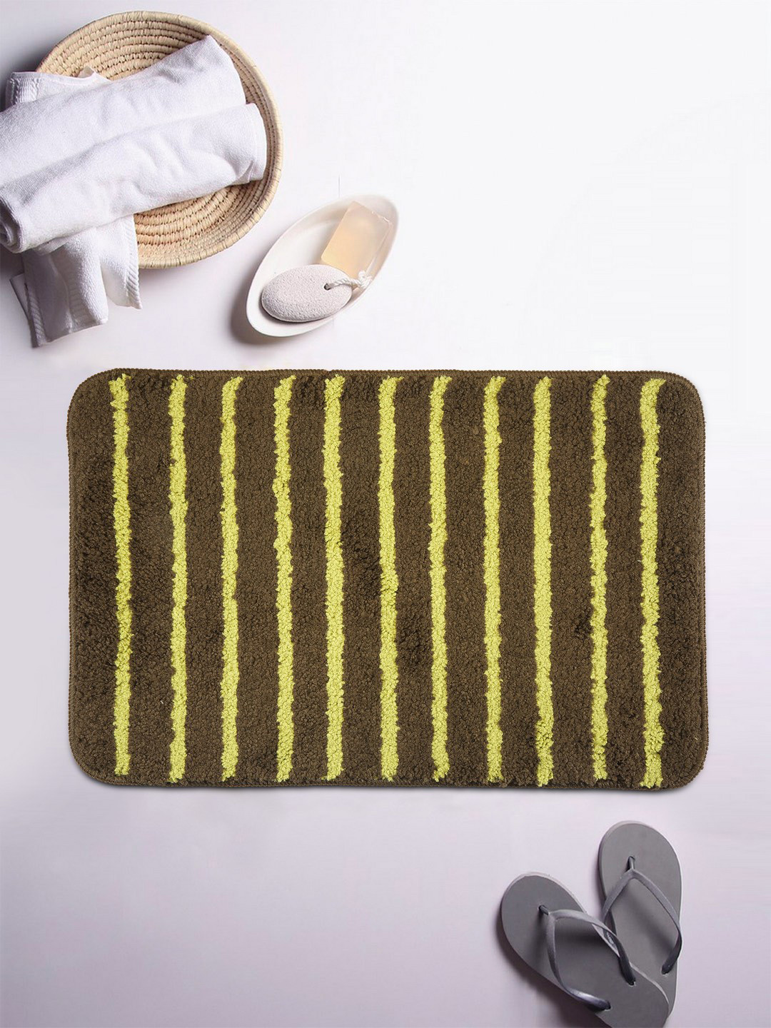 

BIANCA Olive Brown Striped Anti Skid Bath Rug