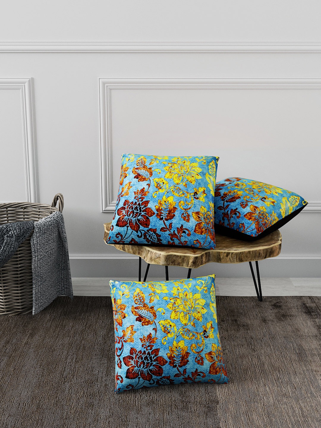 

BIANCA White Set of 3 Floral Square Cushion Covers, Blue