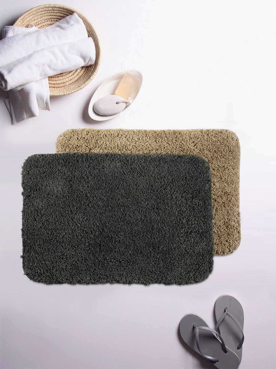 

Bianca Charcoal Grey & Beige Set of 2 Anti-Skid Bath Rugs