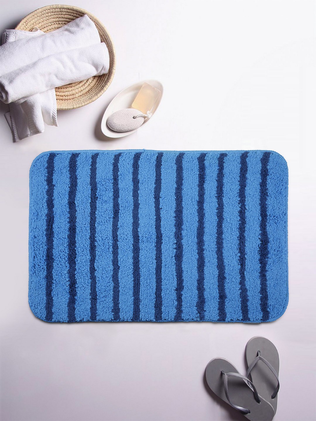 

BIANCA Blue Striped Anti Skid Bath Rug