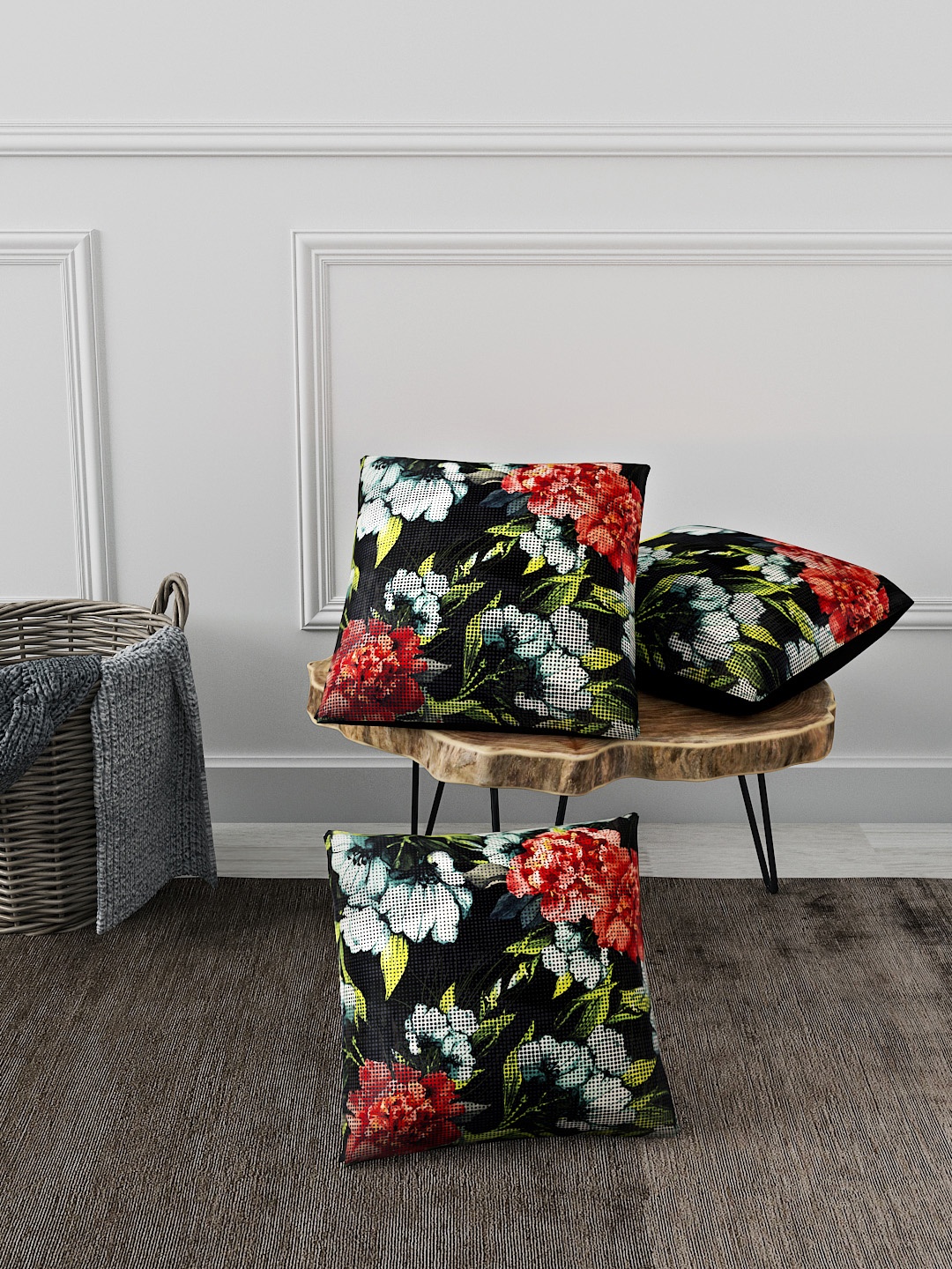 

BIANCA Black Set of 3 Floral Square Cushion Covers