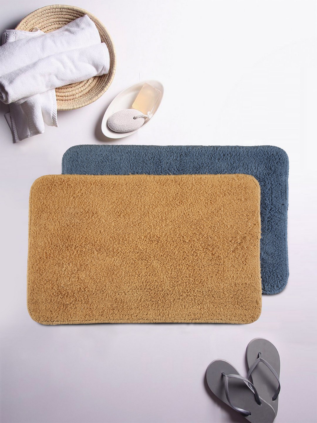

BIANCA Navy Blue & Brown Set of 2 Anti Skid Bath Rugs
