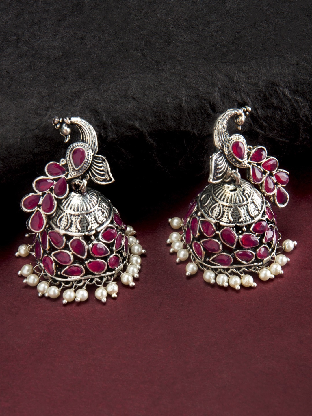 

Rubans Oxidised Silver-Toned & Red Handcrafted Dome-Shaped Jhumkas