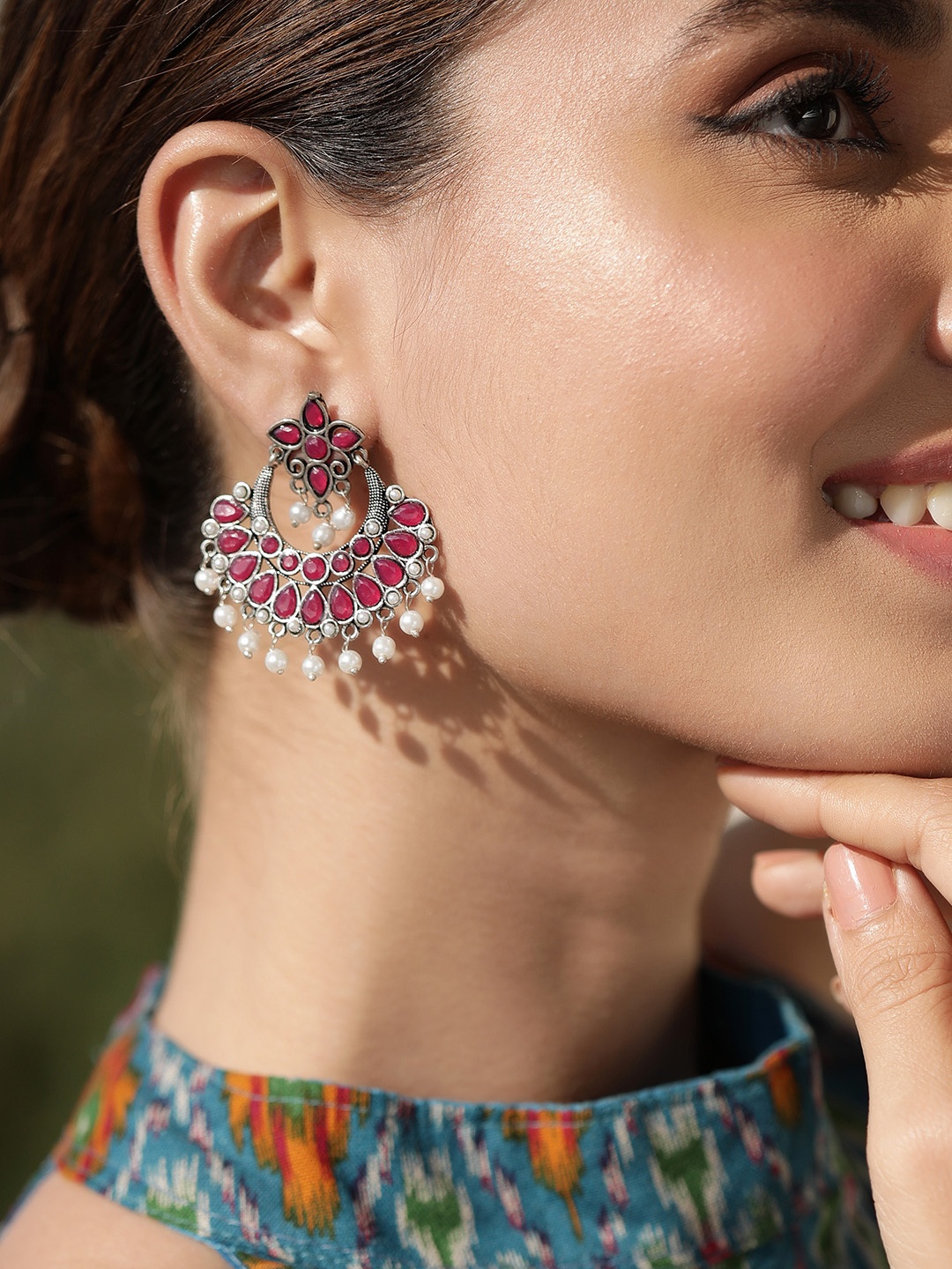 

Rubans Oxidised Silver Plated Ruby & Pearl Studded Traditional Chandbali Earrings