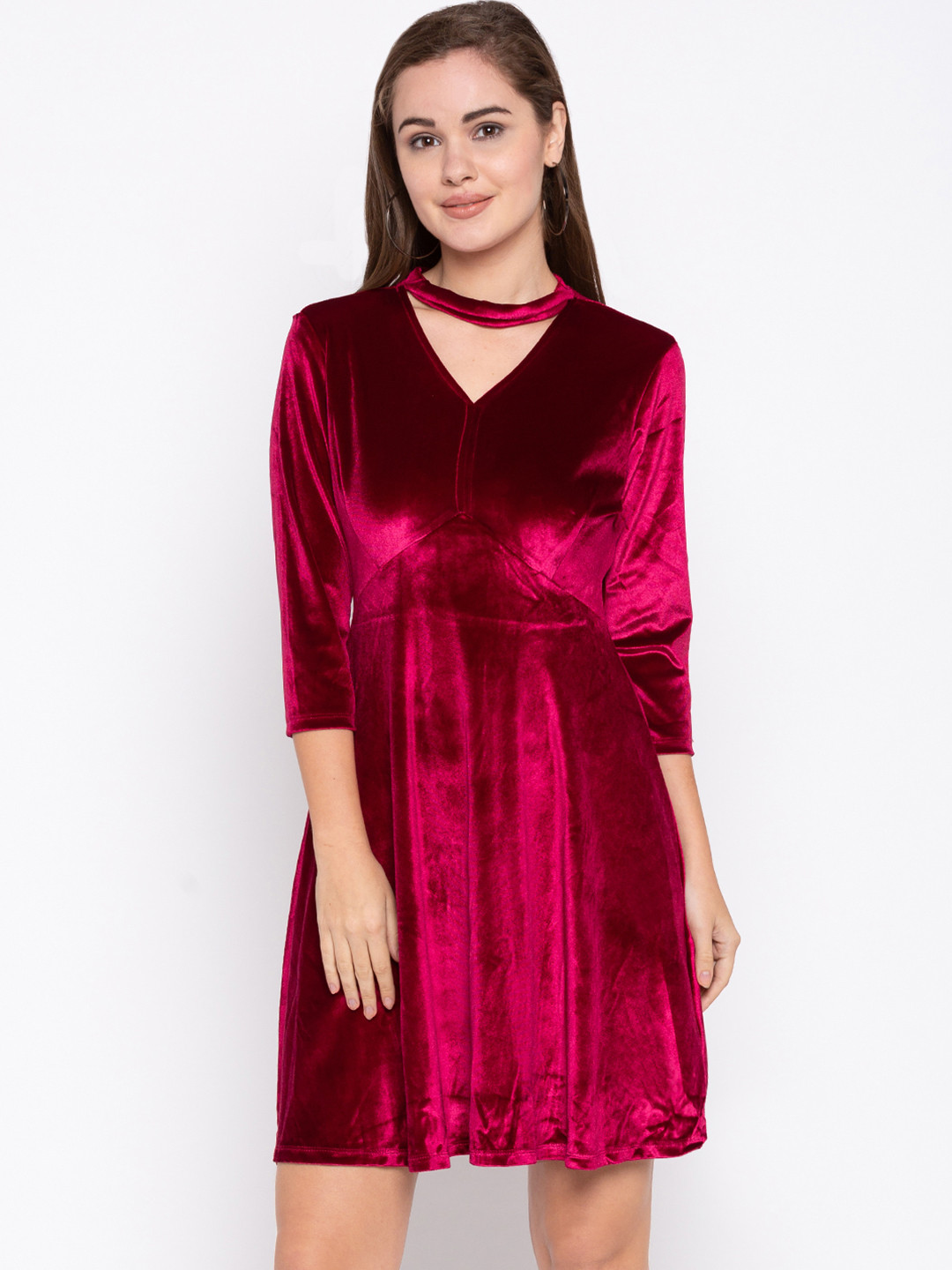 

Globus Women Magenta Solid Fit and Flare Velvet Dress