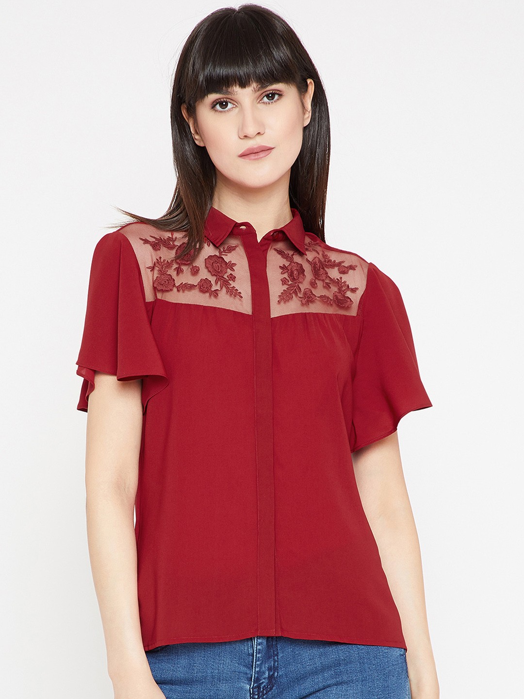 

RARE Women Maroon Shirt Style Top with Lace Inserts