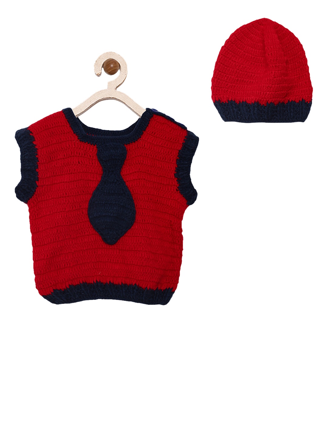 

CHUTPUT Unisex Red & Navy Blue Self Design Sweater Vest with a Beanie Cap