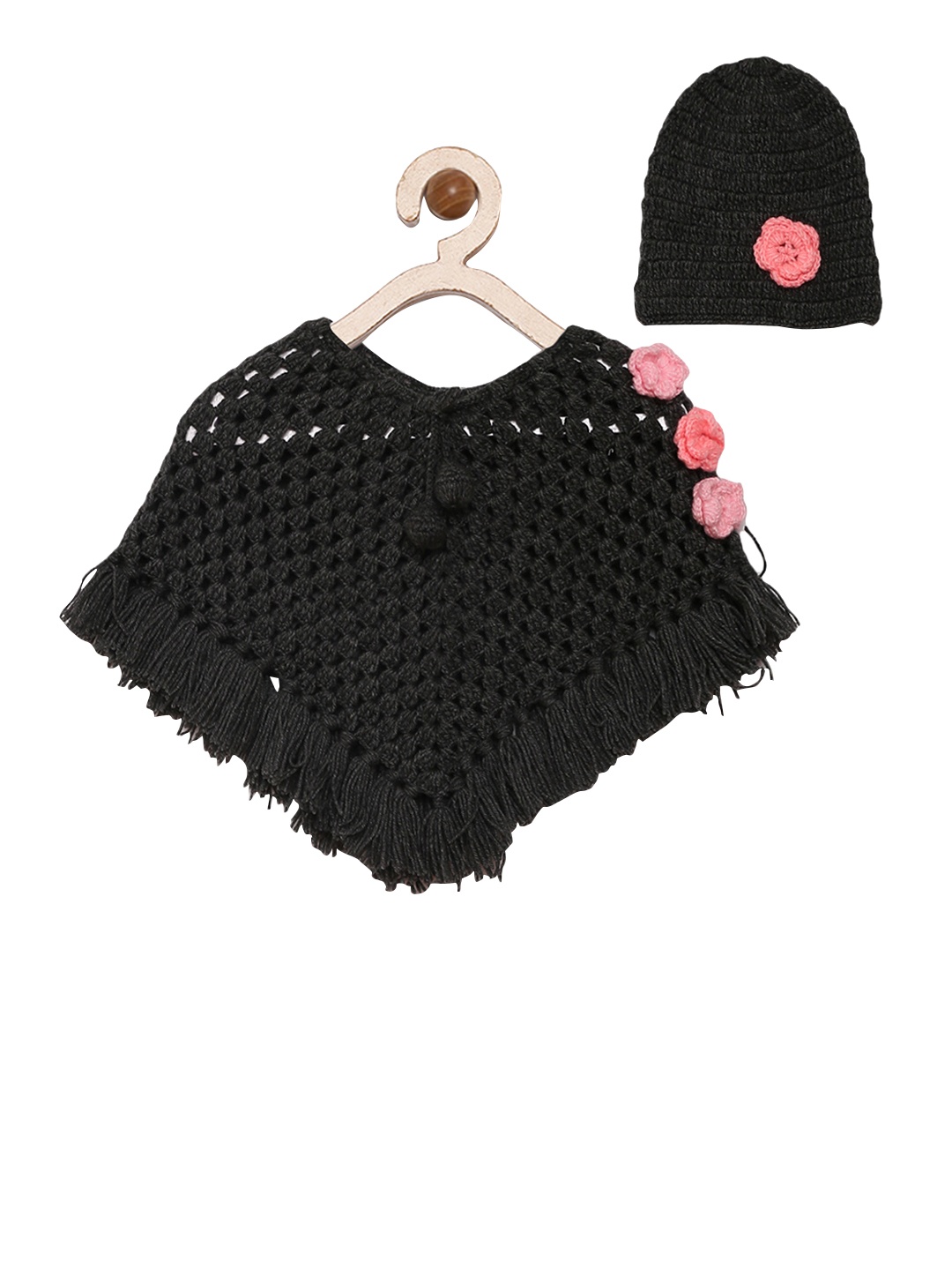

CHUTPUT Girls Black Self Design Poncho with A Beanie Cap