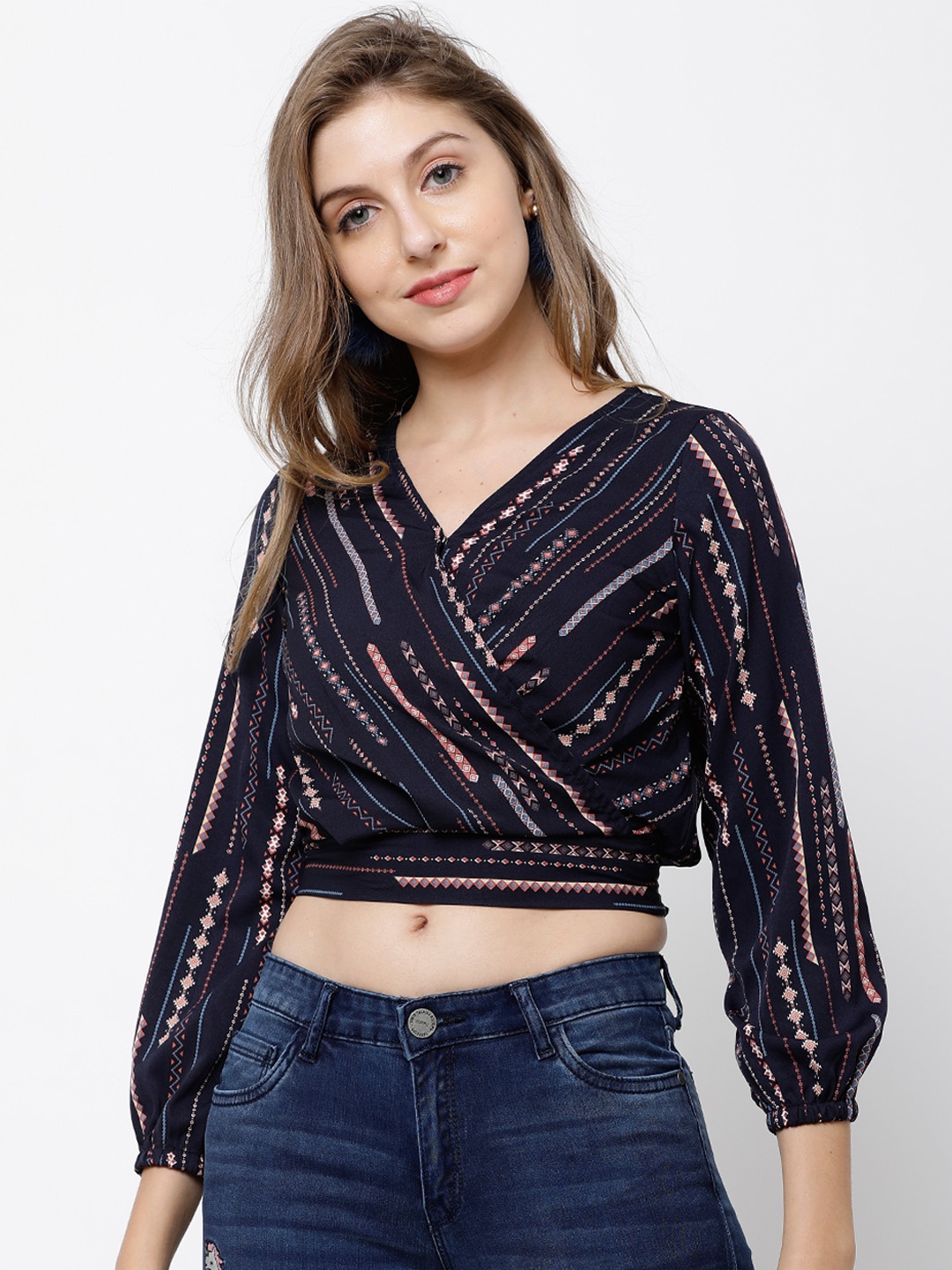 

Tokyo Talkies Women Navy Blue Printed Wrap Top