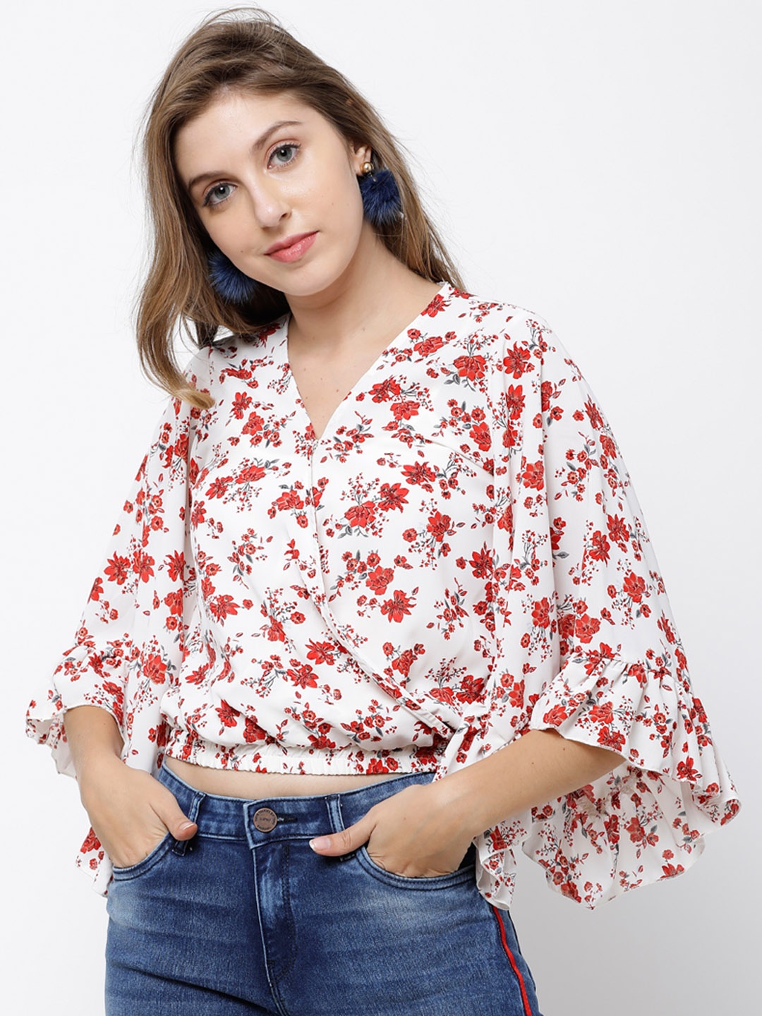 

Tokyo Talkies Women White & Pink Printed Blouson Top