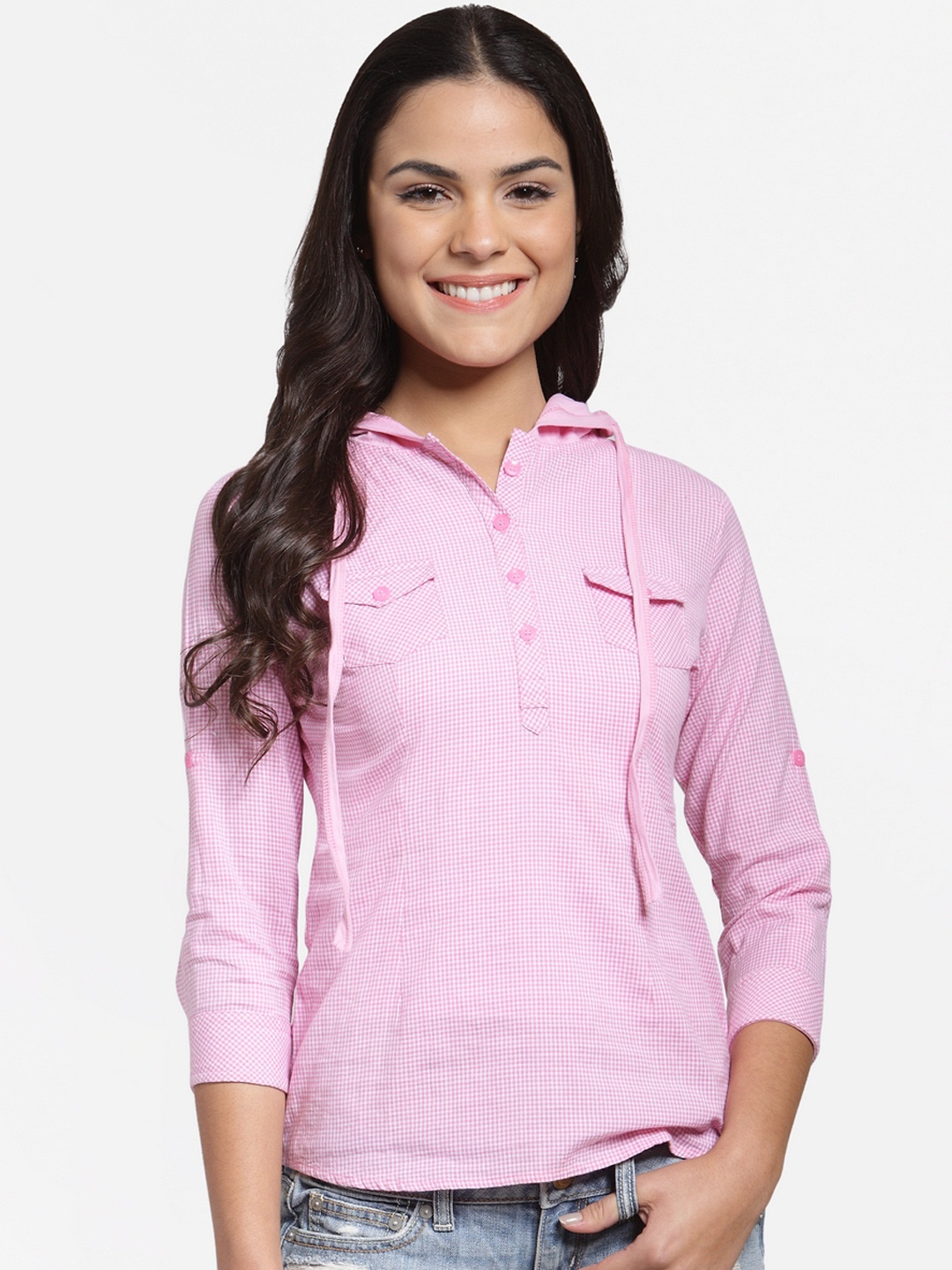 

Cation Women Pink Checked Pure Cotton Top