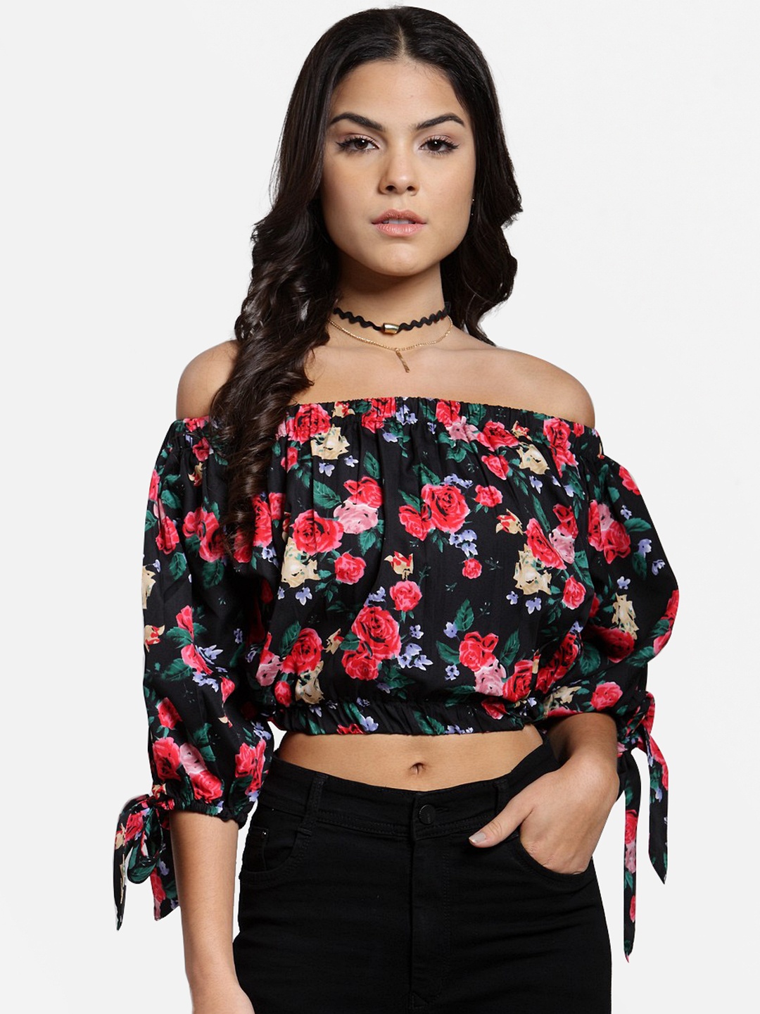 

Cation Women Black Printed Bardot Top