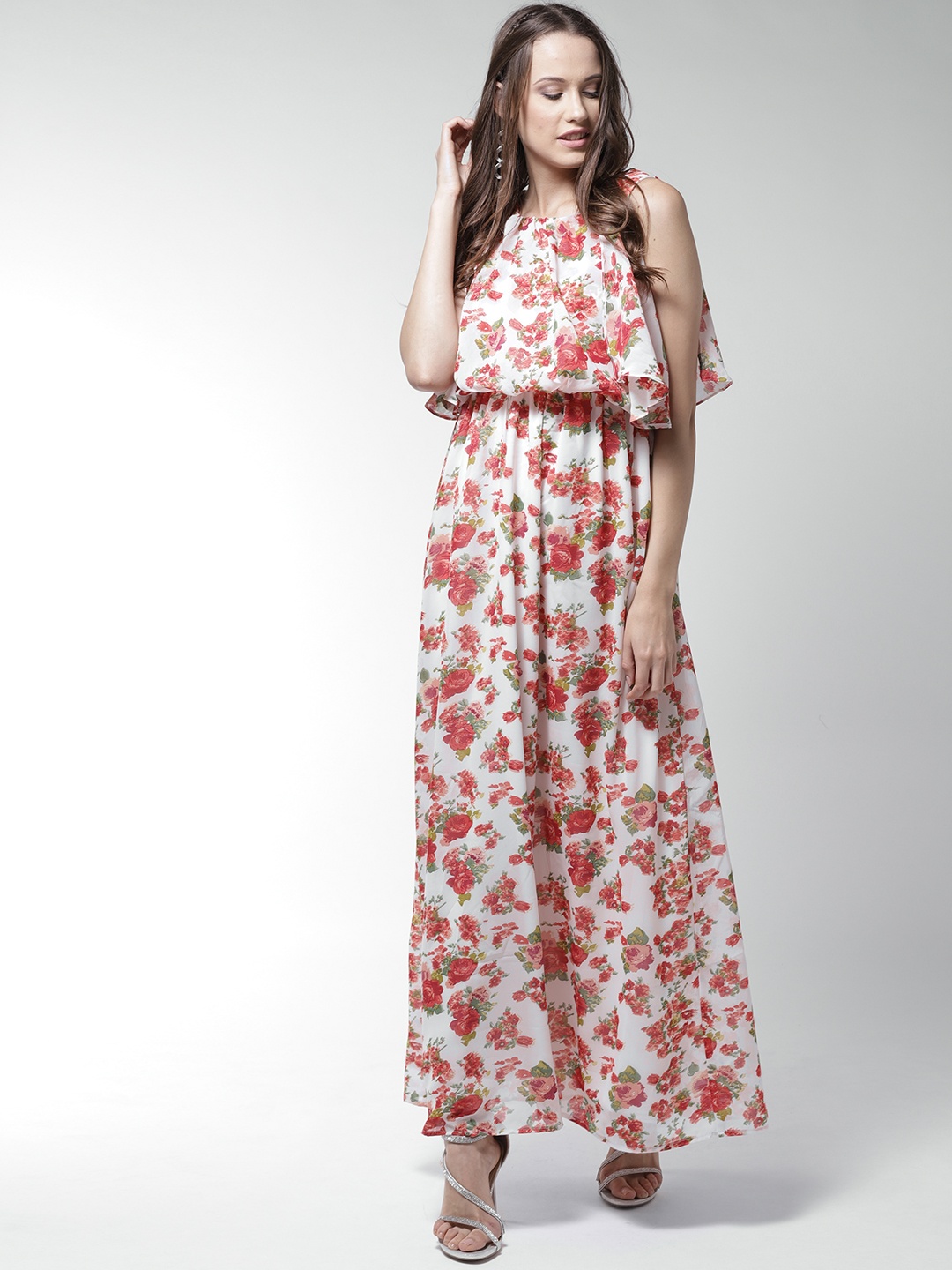 

La Zoire Women Off-White & Red Printed Blouson Maxi Dress