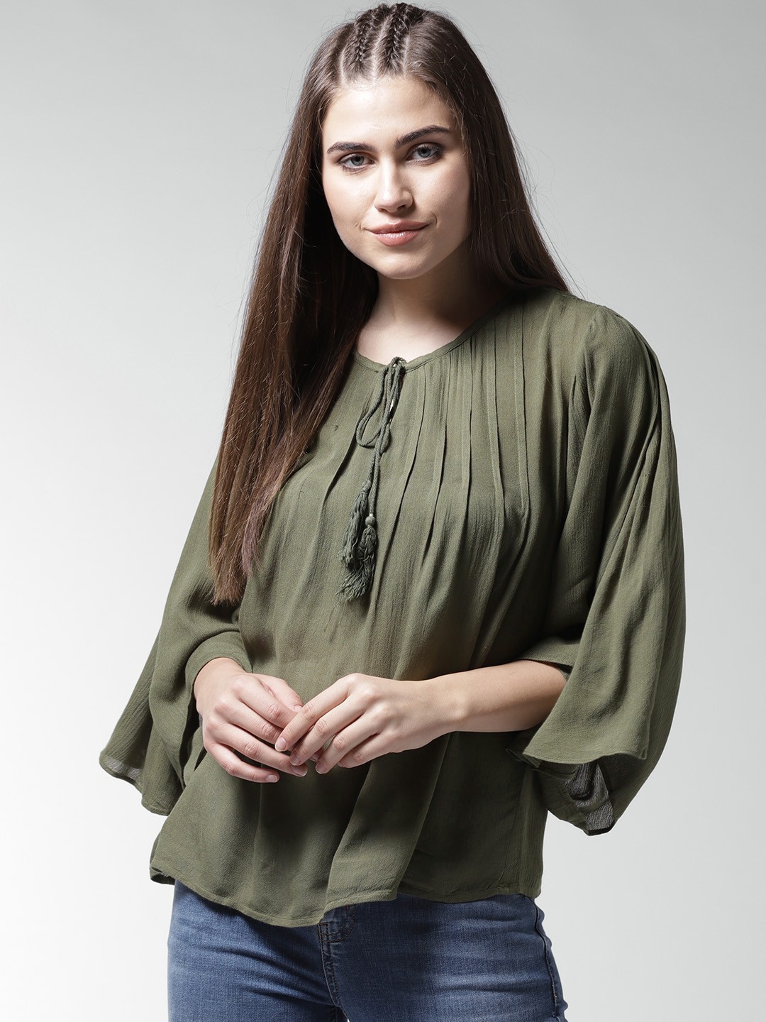 

La Zoire Women Olive Green Solid Lace Inserts A-Line Top