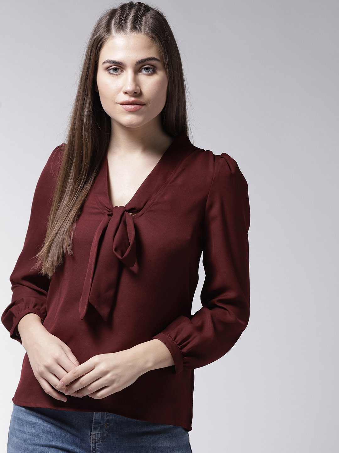 

La Zoire Women Burgundy Solid Semi-Sheer Top