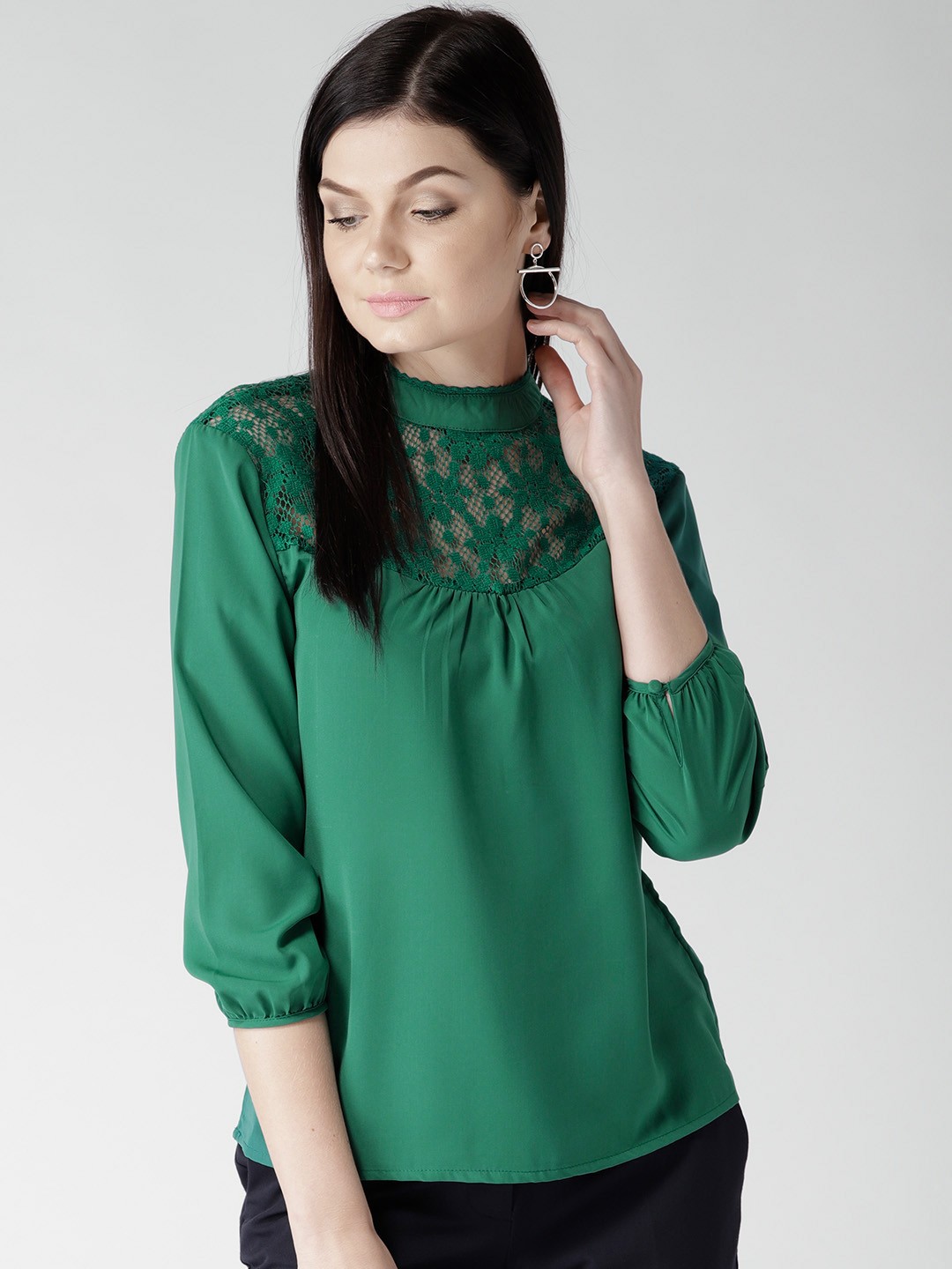 

Harpa Women Green Solid Top with Lace Detail