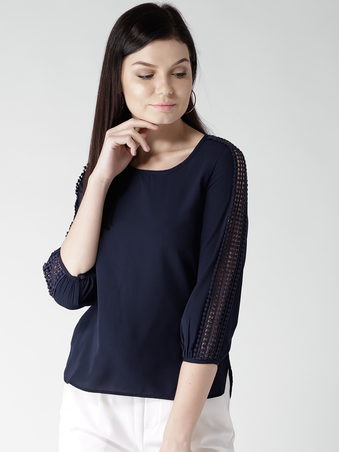 

Harpa Women Navy Solid Lace Inserts Top, Navy blue