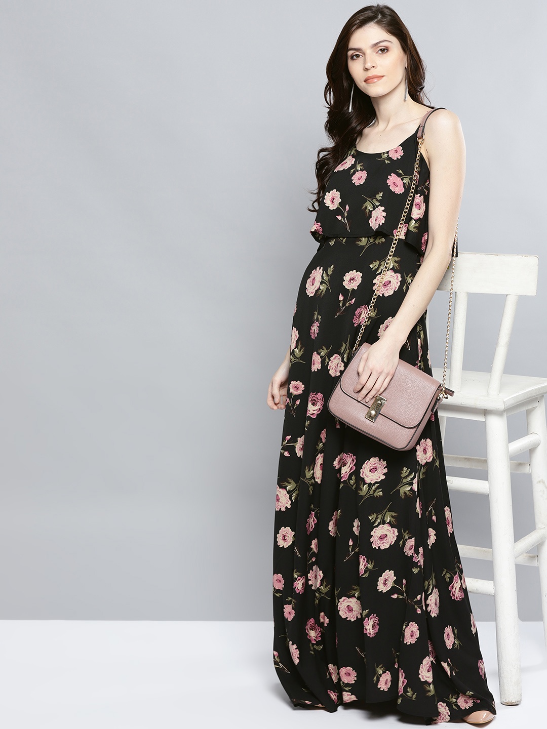 

Harpa Women Black & Pink Floral Print Layered Maxi Dress