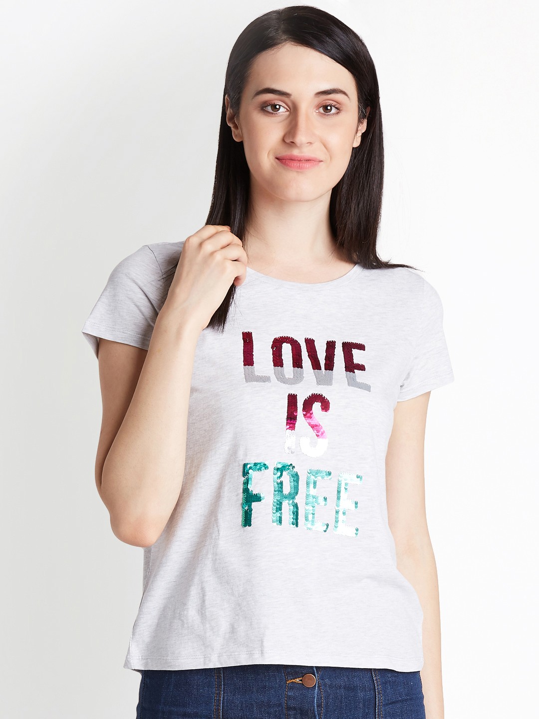 

Honey by Pantaloons Women Grey Melange Printed Pure Cotton Top