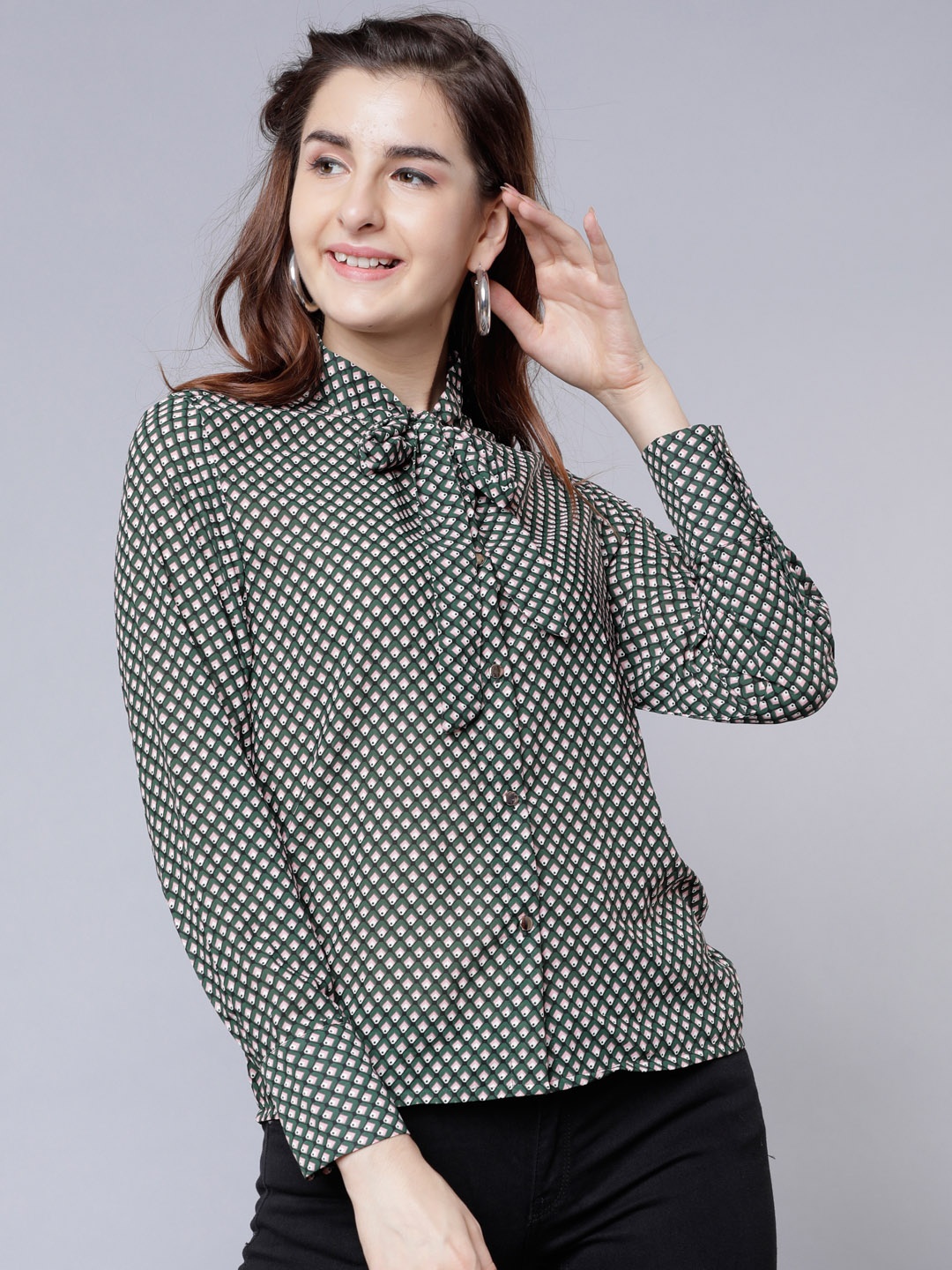 

Tokyo Talkies Women Green Printed Shirt Style Top