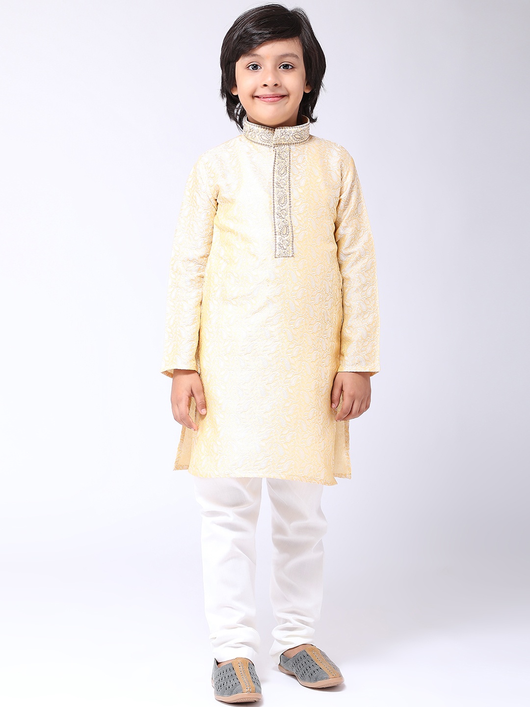 

SOJANYA Boys Golden-Coloured & Off-White Self Design Kurta with Churidar, Gold