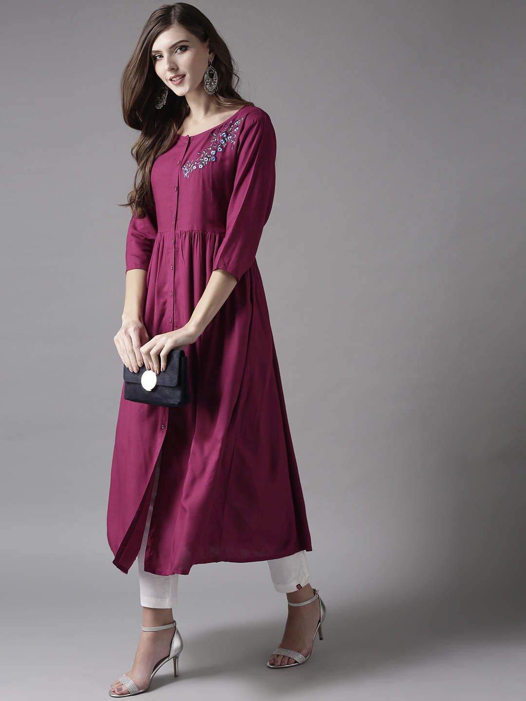 

HERE&NOW Embroidered Wine Viscose Kurta, Purple