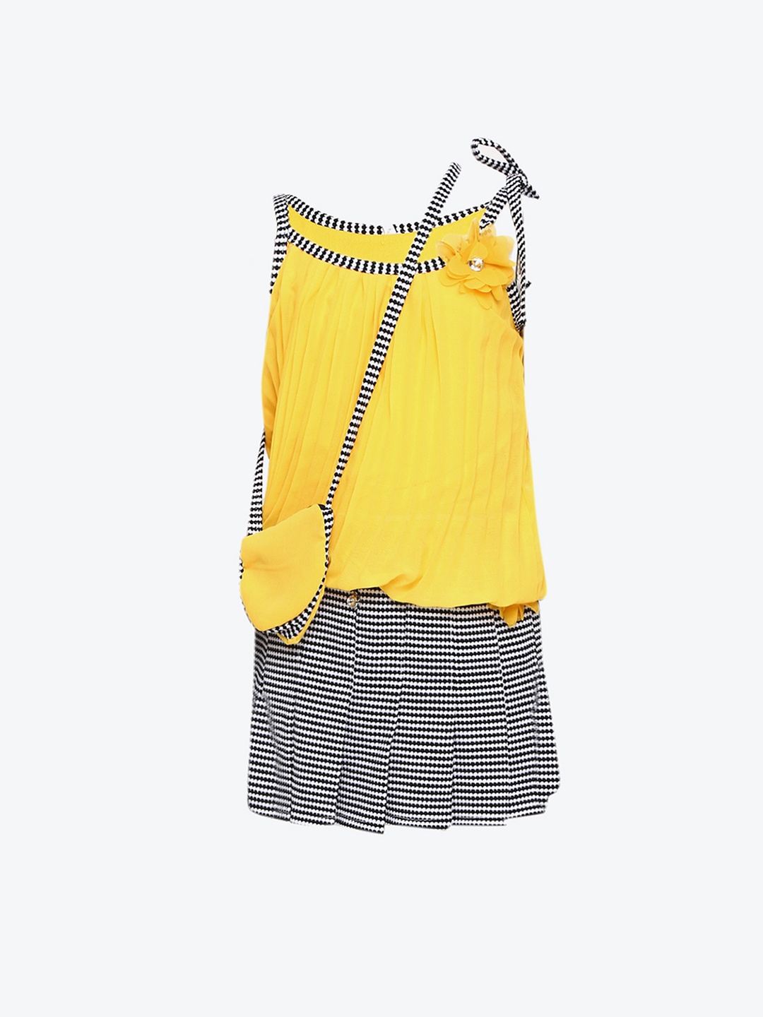 

Aarika Girls Yellow & Black Top With Skirt and Sling Bag