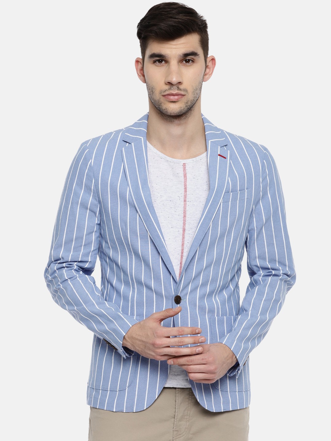 

Jack & Jones Blue & White Striped Single-Breasted Casual Pure Cotton Blazer