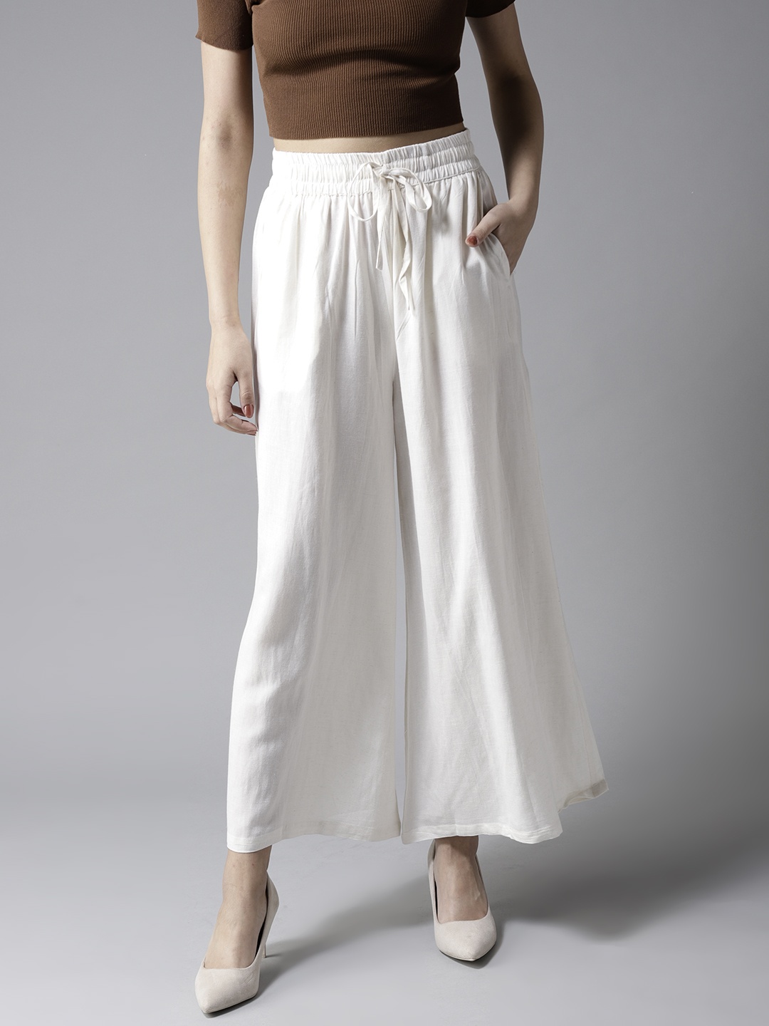 

HERE&NOW Women Off-White Solid Wide Leg Palazzos