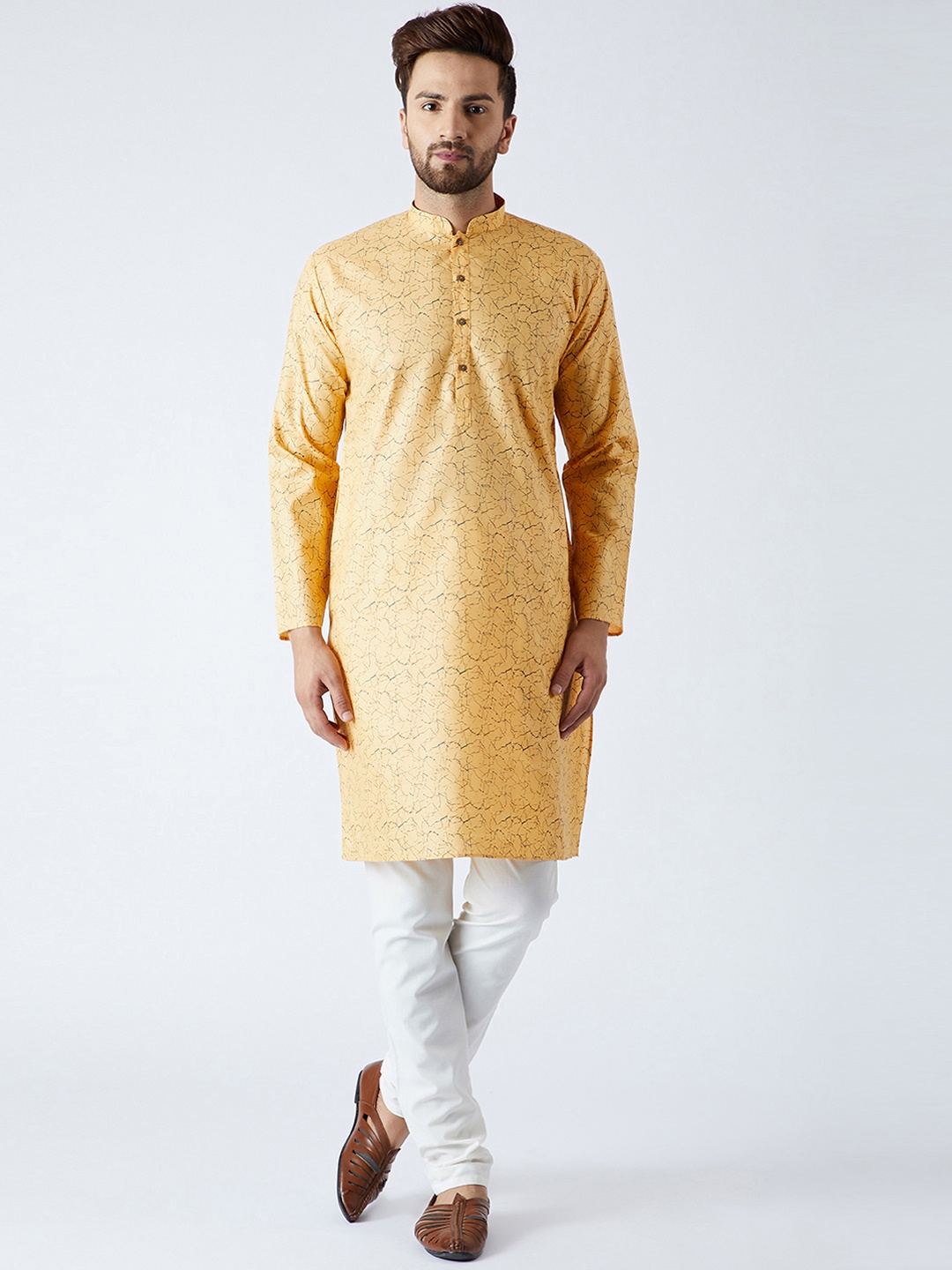 

SOJANYA Men Mustard & White Printed Kurta with Churidar