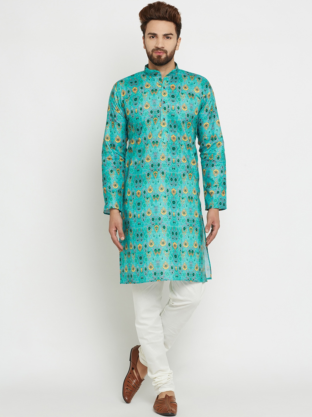 

SOJANYA Men Turquoise Blue & Off-White Printed Kurta with Churidar