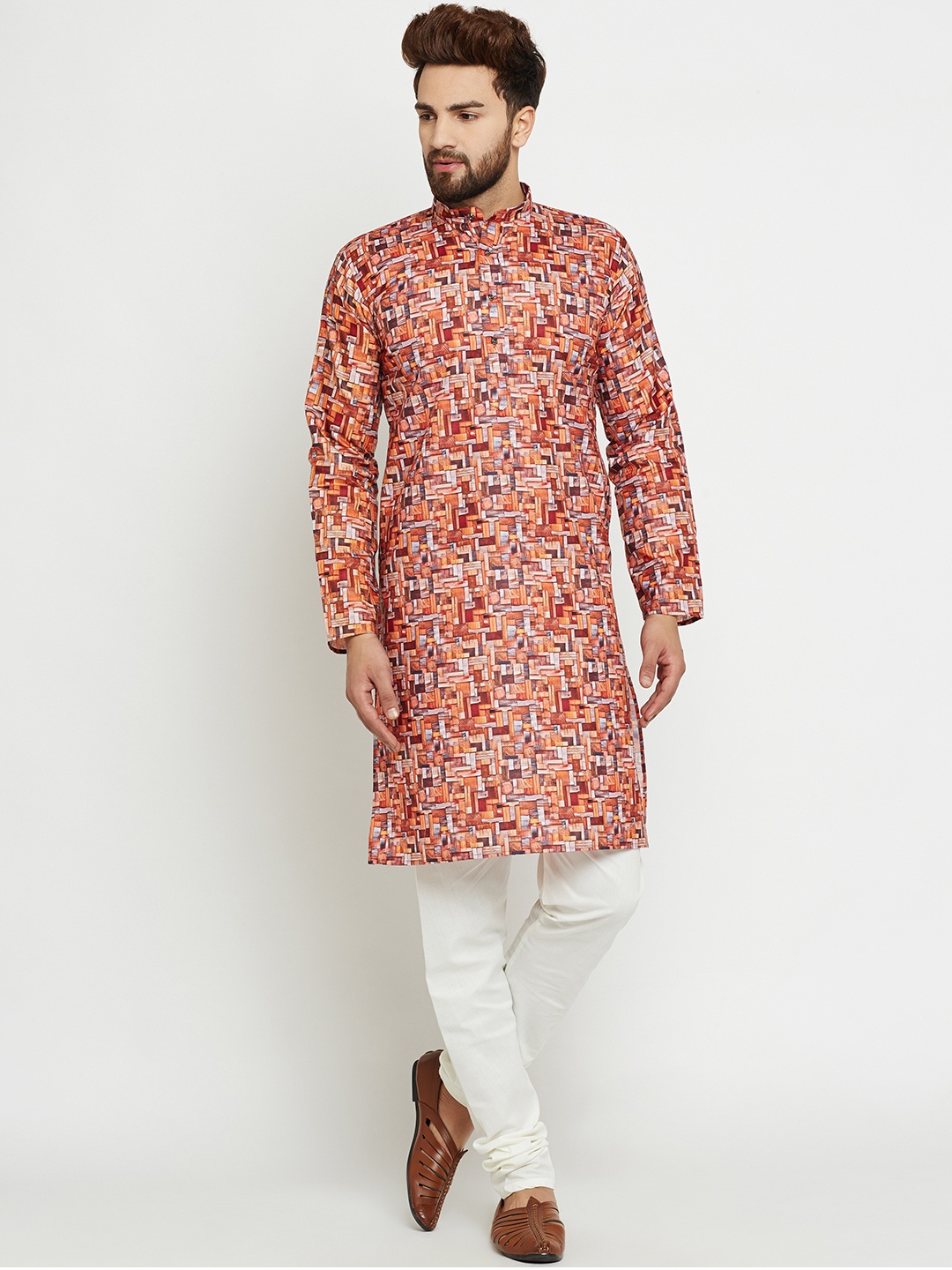 

SOJANYA Men Orange & Off-White Printed Kurta with Churidar