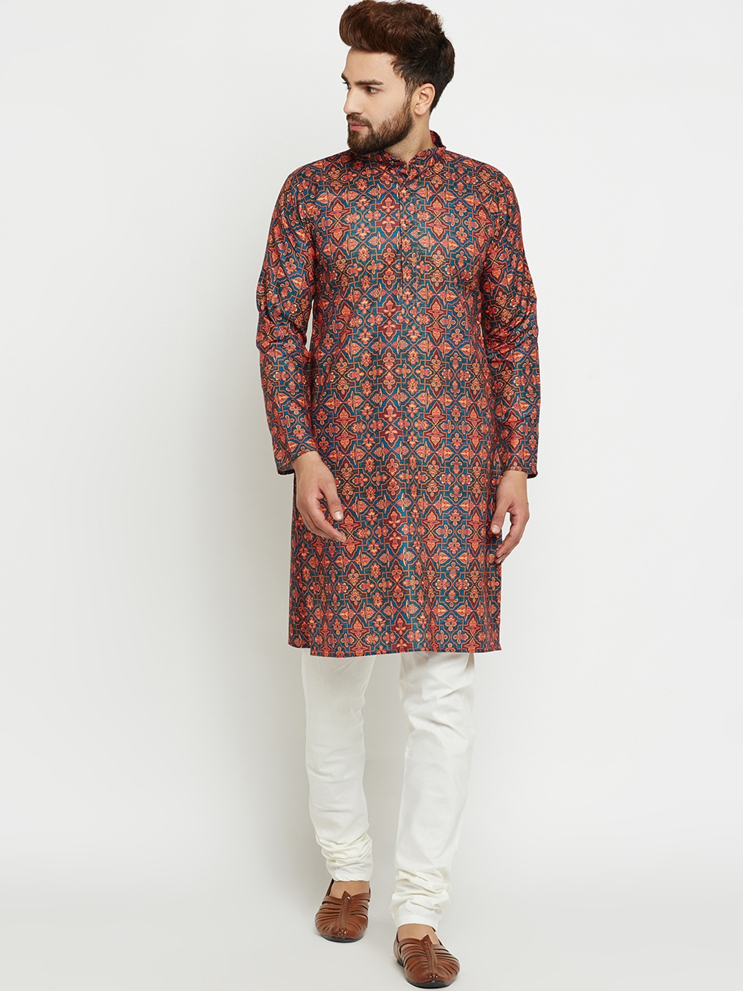 

SOJANYA Men Teal & Off-White Printed Kurta with Churidar