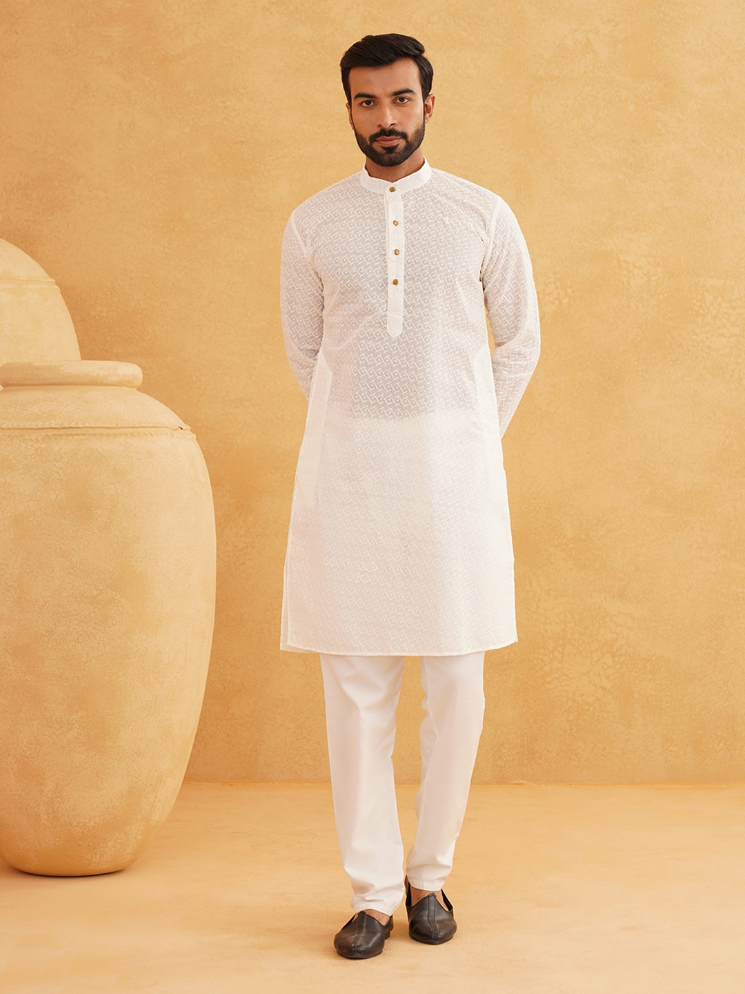 

SOJANYA Men White Self Design Kurta with Churidar