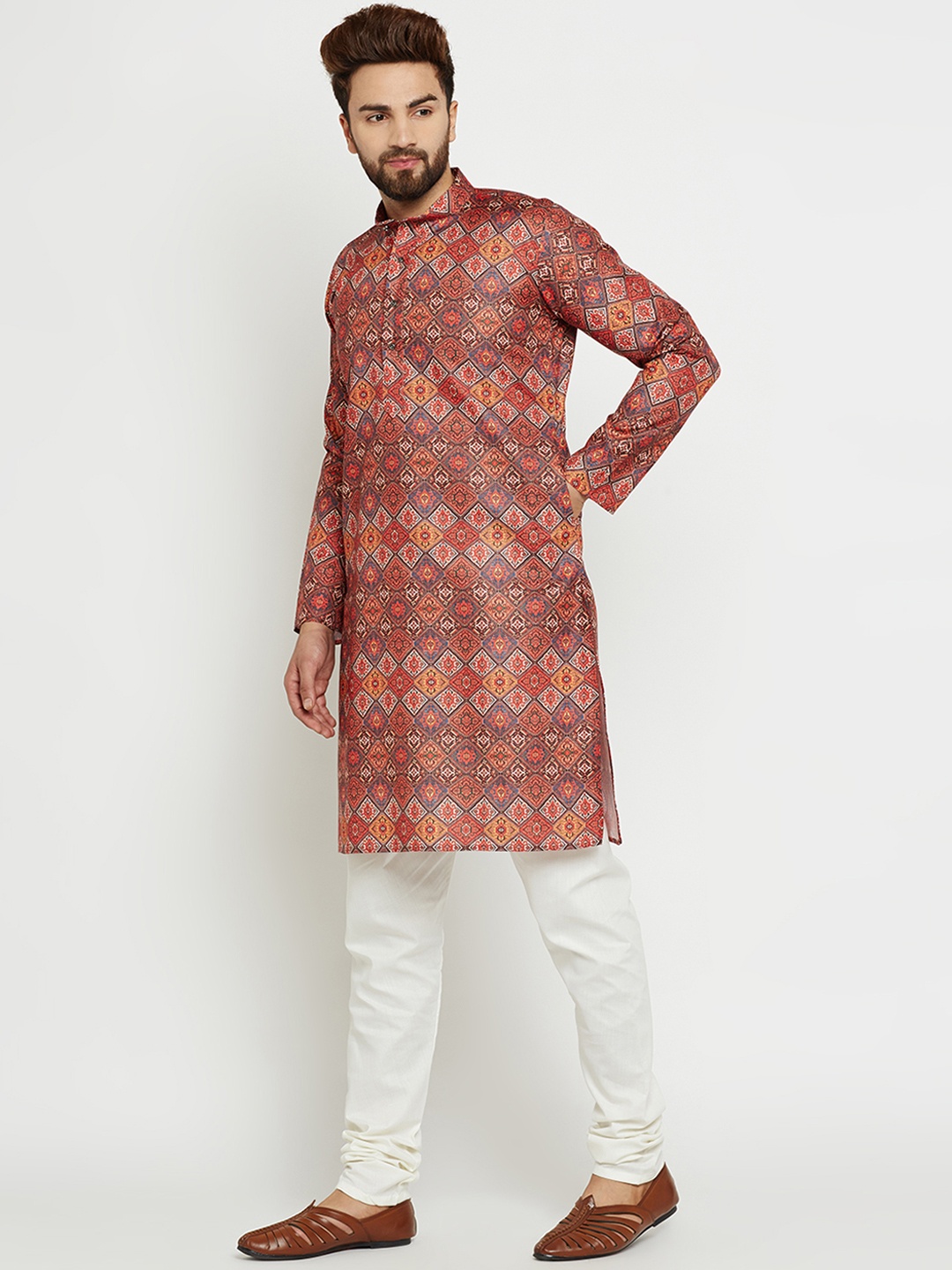 

SOJANYA Men Rust & Off-White Printed Kurta with Churidar