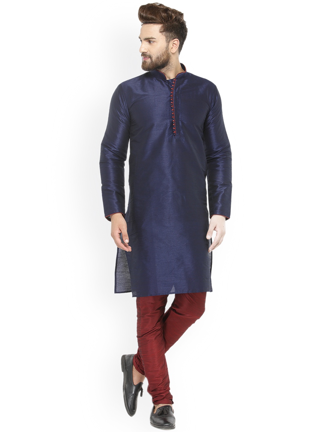 

SOJANYA Men Navy Blue & Maroon Solid Kurta with Churidar