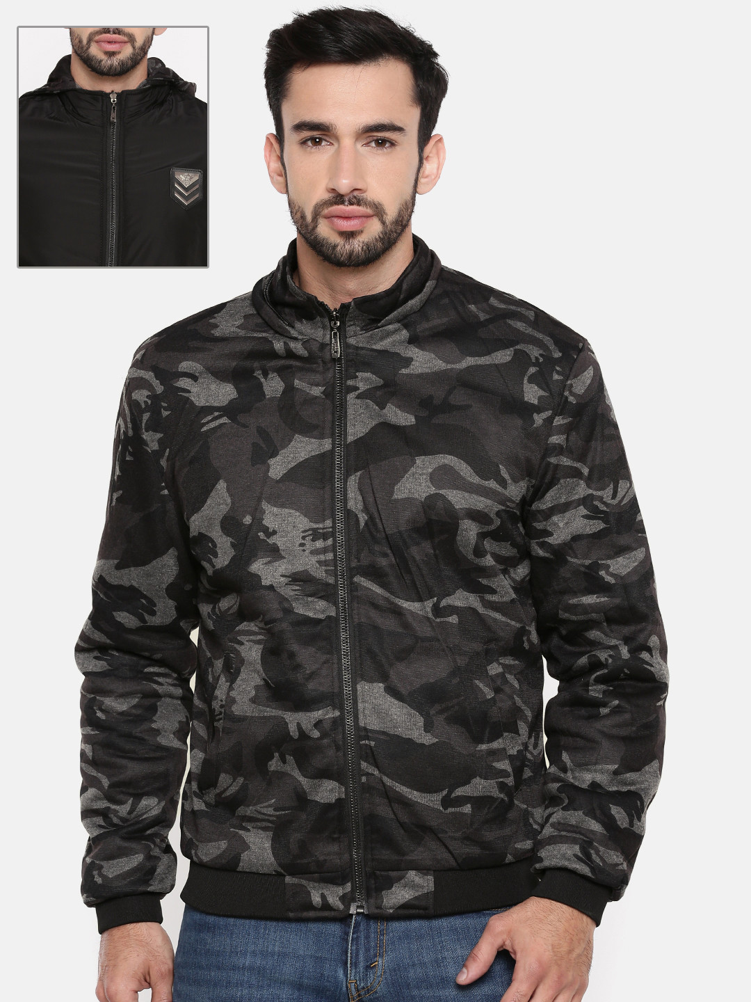 

The Indian Garage Co Men Black & Grey Camouflage Printed Reversible Bomber