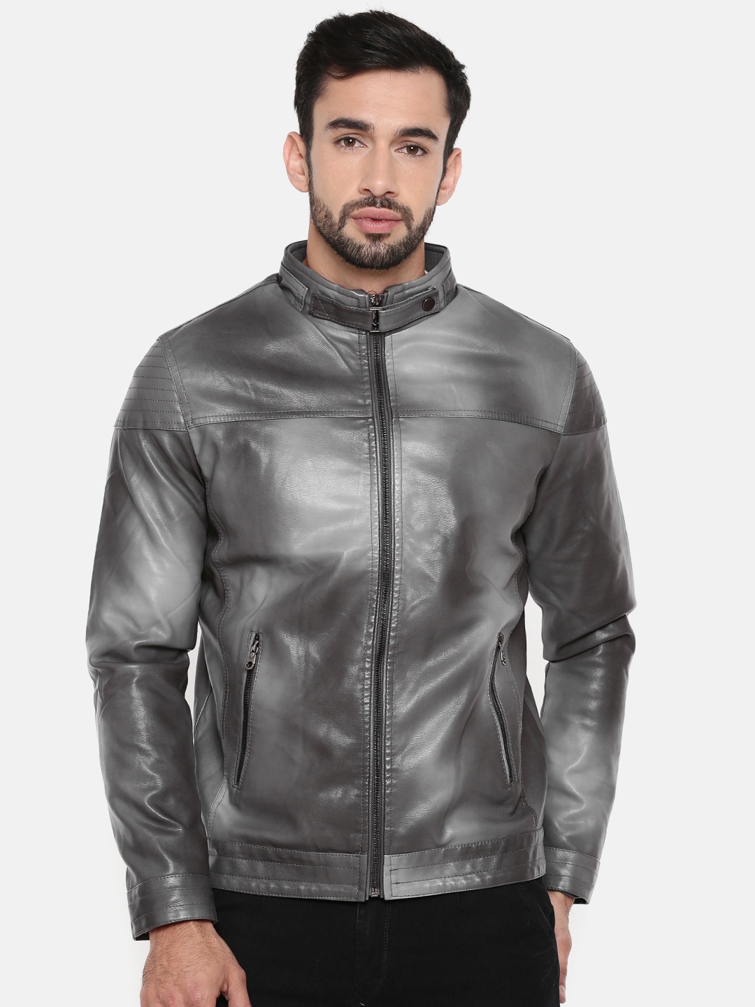 

The Indian Garage Co Men Grey Solid Leather Jacket