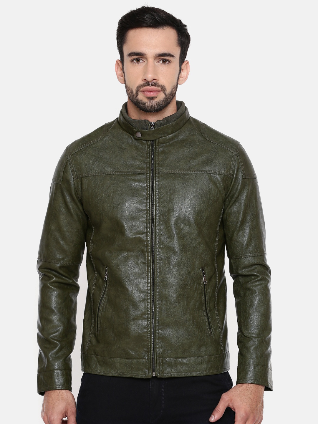 

The Indian Garage Co Men Olive Green Solid Biker Jacket