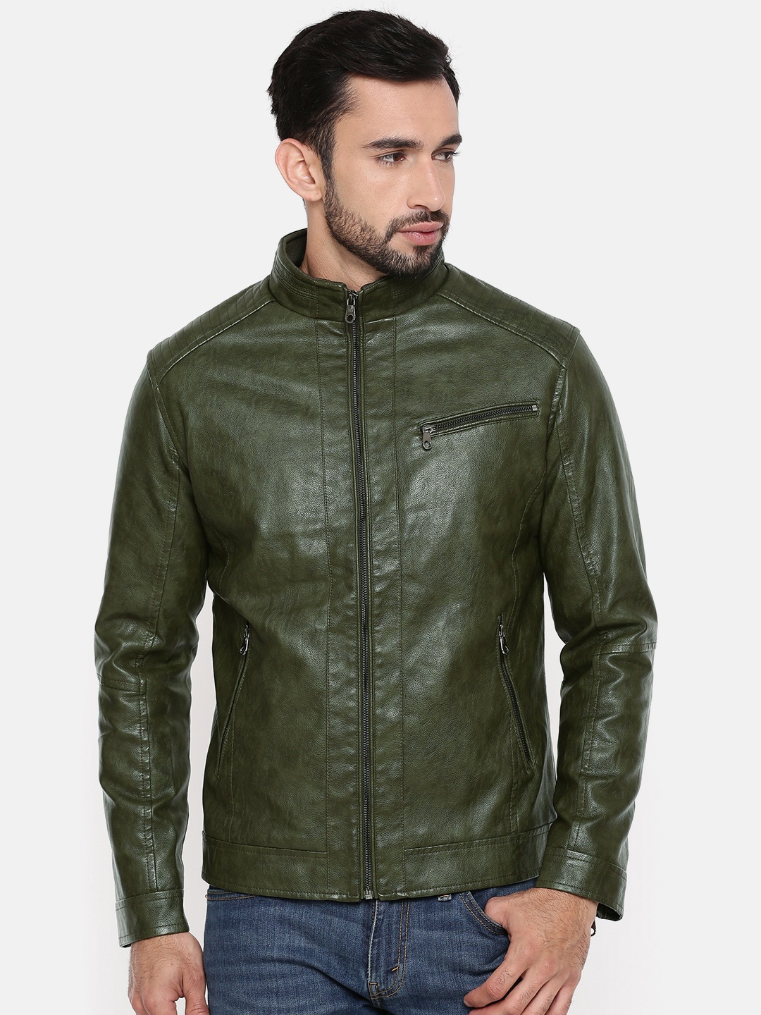 

The Indian Garage Co Men Olive Green Solid Lightweight Biker Jacket