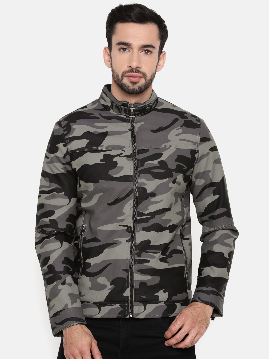 

The Indian Garage Co Men Grey Printed Biker Jacket
