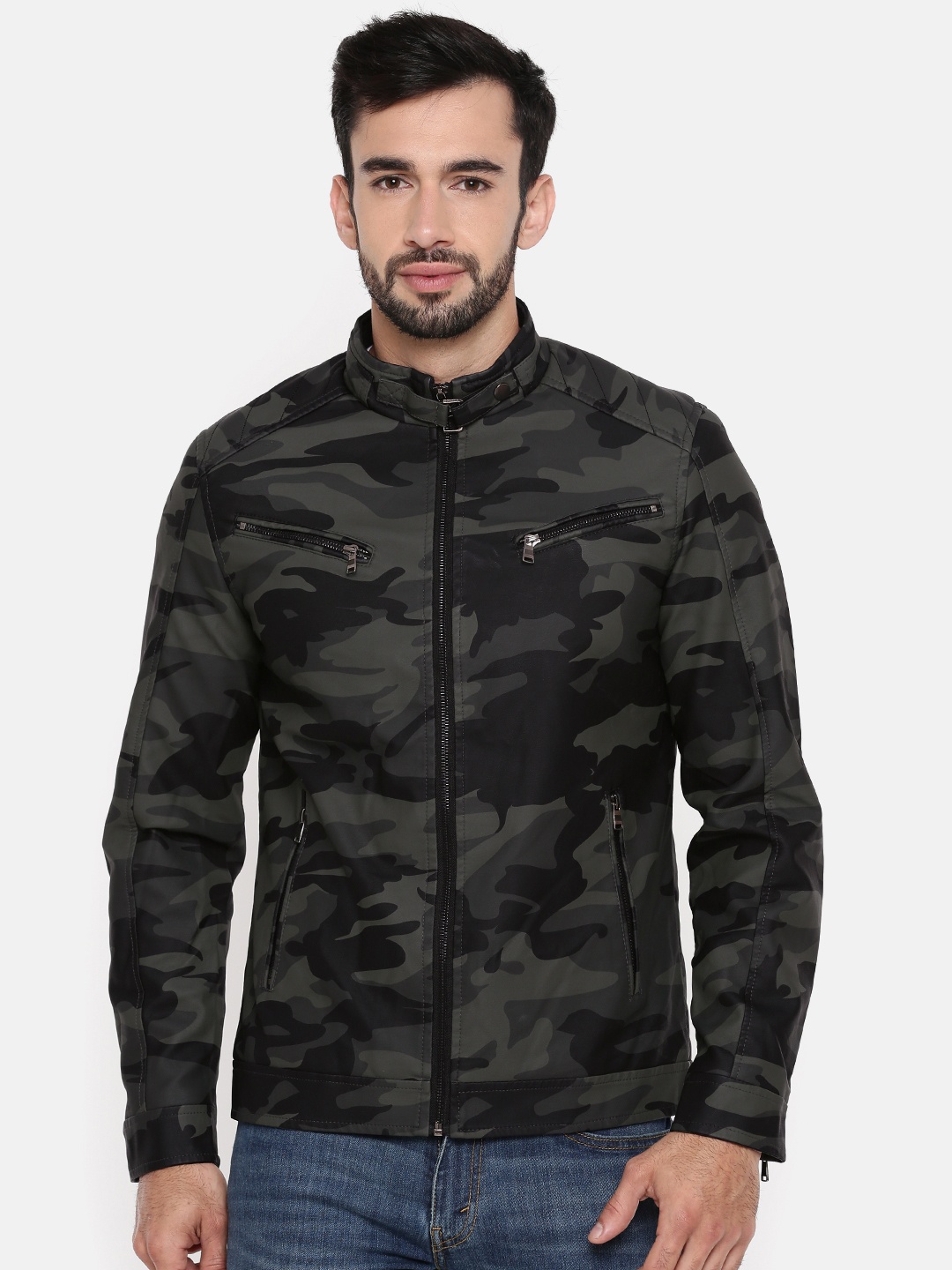 

The Indian Garage Co Men Olive Green Printed Biker Jacket